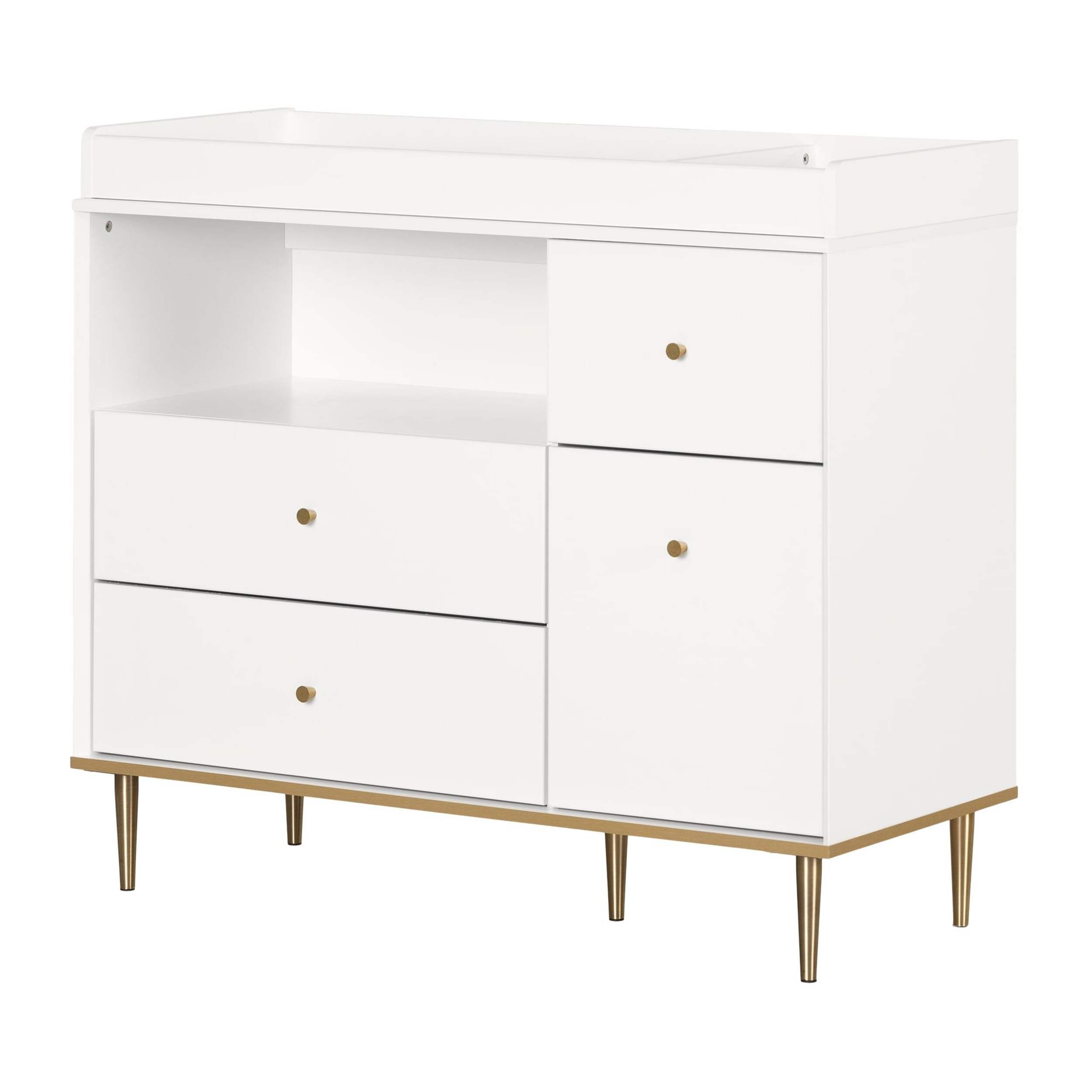 South Shore Dylane Changing Table with Drawers & Open Storage, White Front_Three_Fourths_Angled_Left