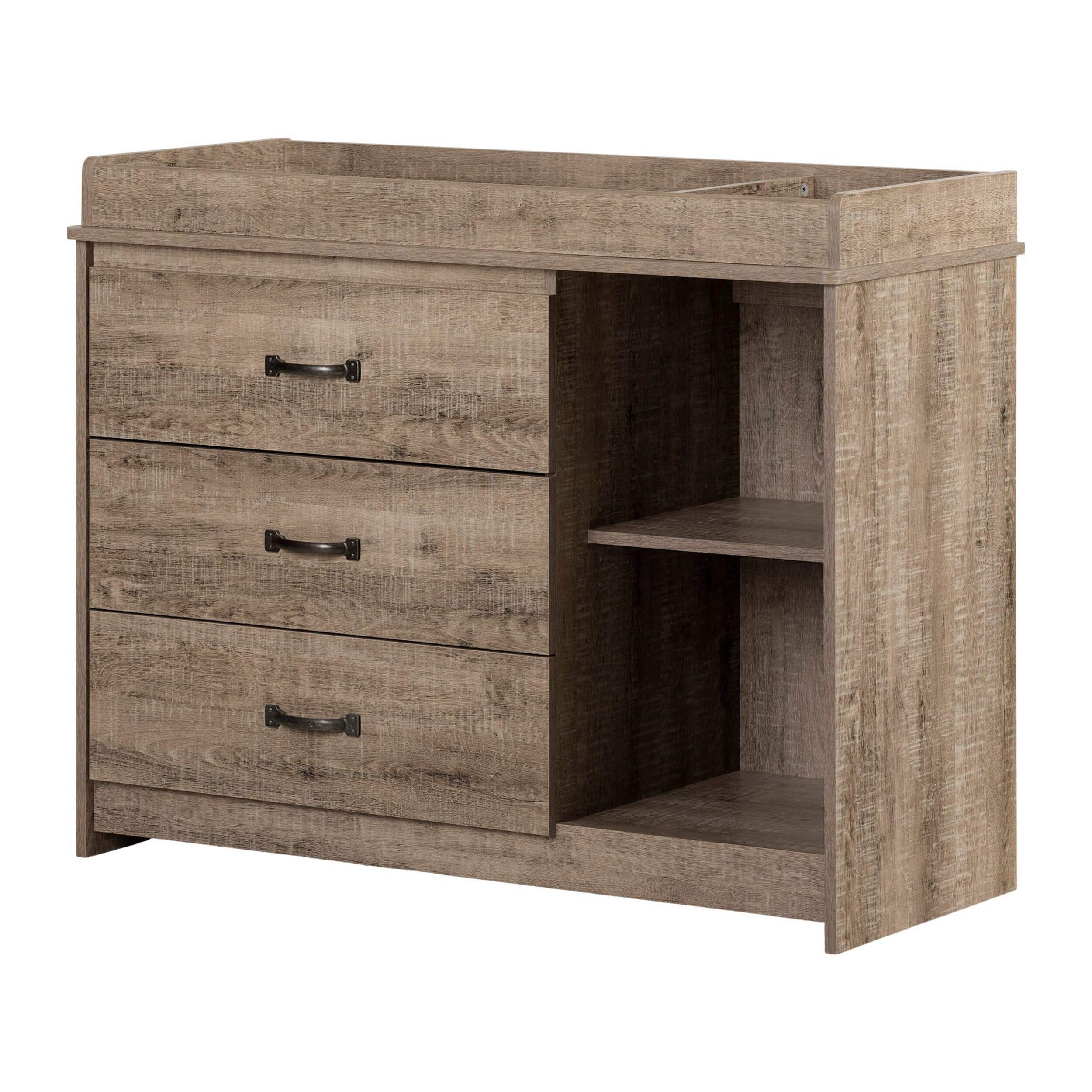 South Shore Tassio Wide Changing Table with Drawers, Weathered Oak Front_Three_Fourths_Angled_Left