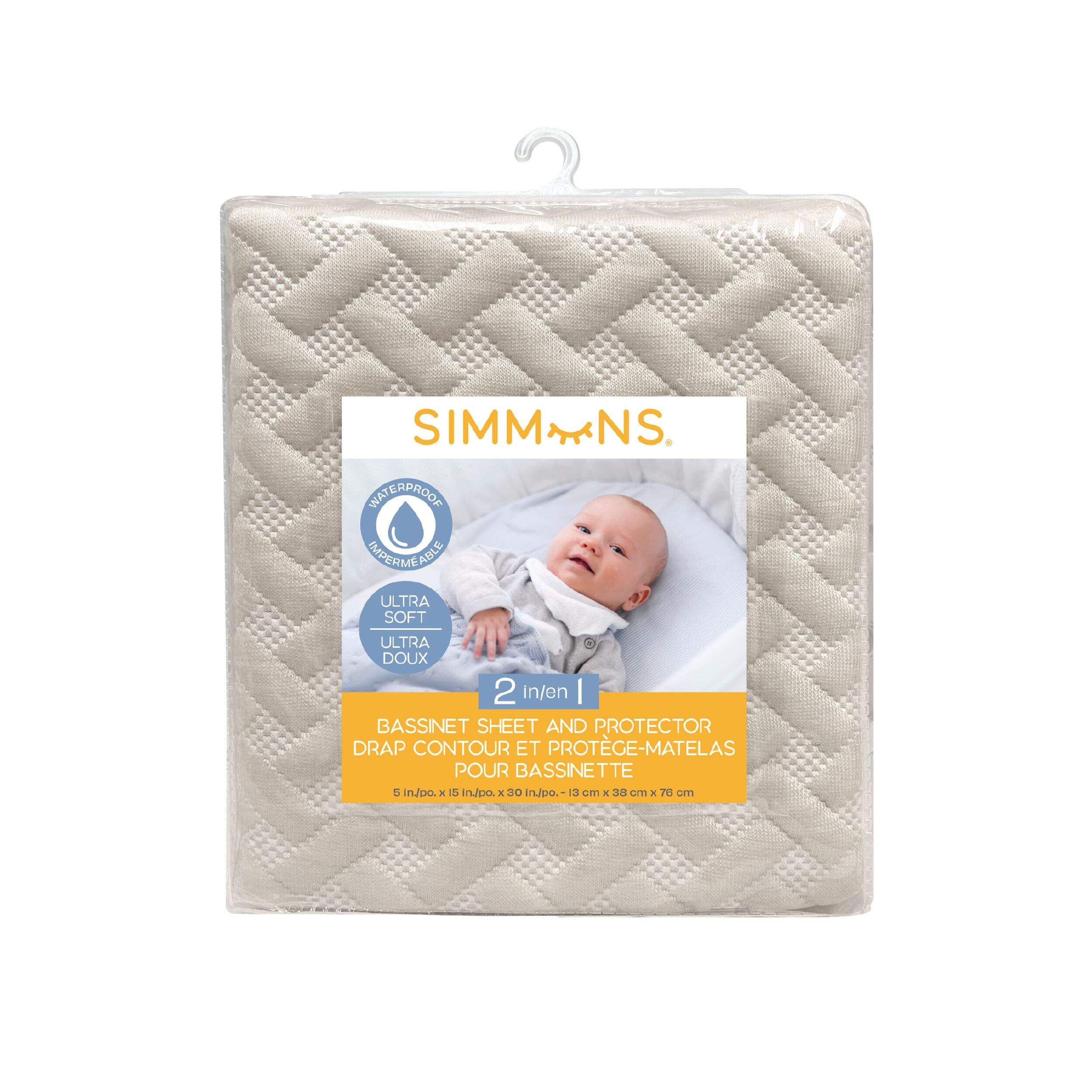Simmons 2-in-1 Bassinet Sheet & Waterproof Protector, Sand Front_Flat