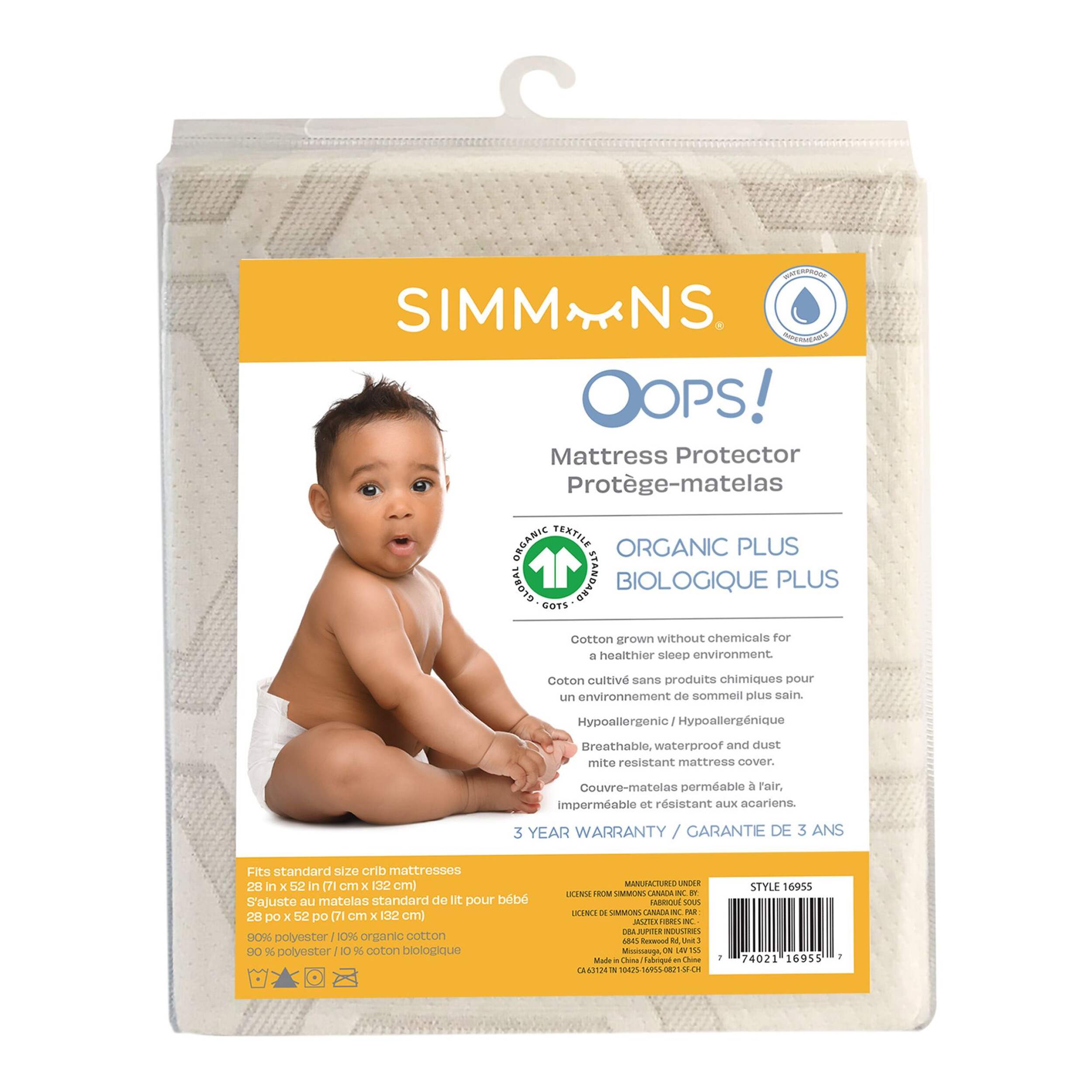 Simmons OOPS! Hypoallergenic Waterproof Organic Baby Crib Mattress Protector, 52-in Front_Flat