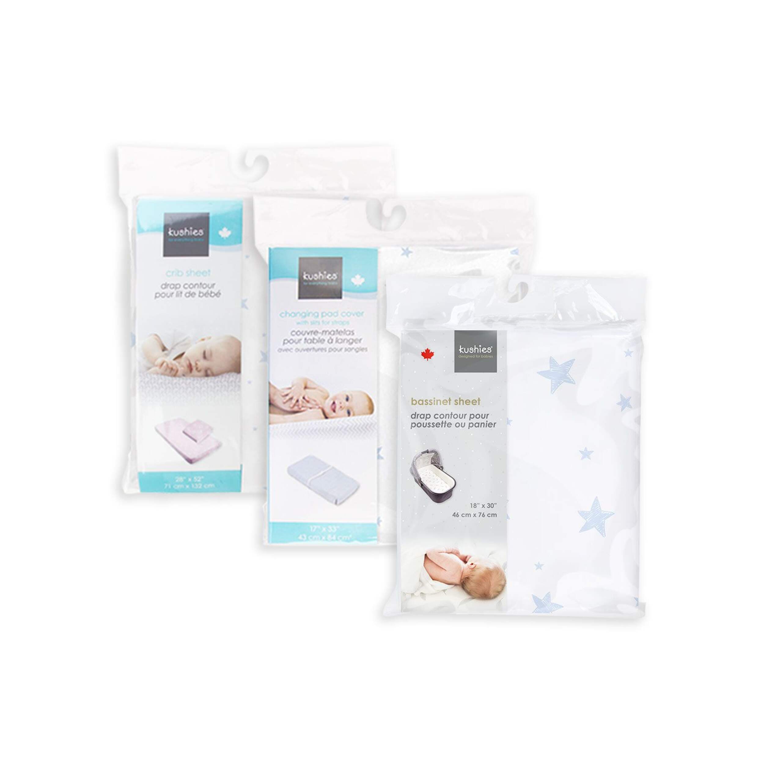 Kushies Baby Crib, Bassinet Sheet, & Change Pad Cover Sheet Bundle, 3-pk, Blue Front_Flat