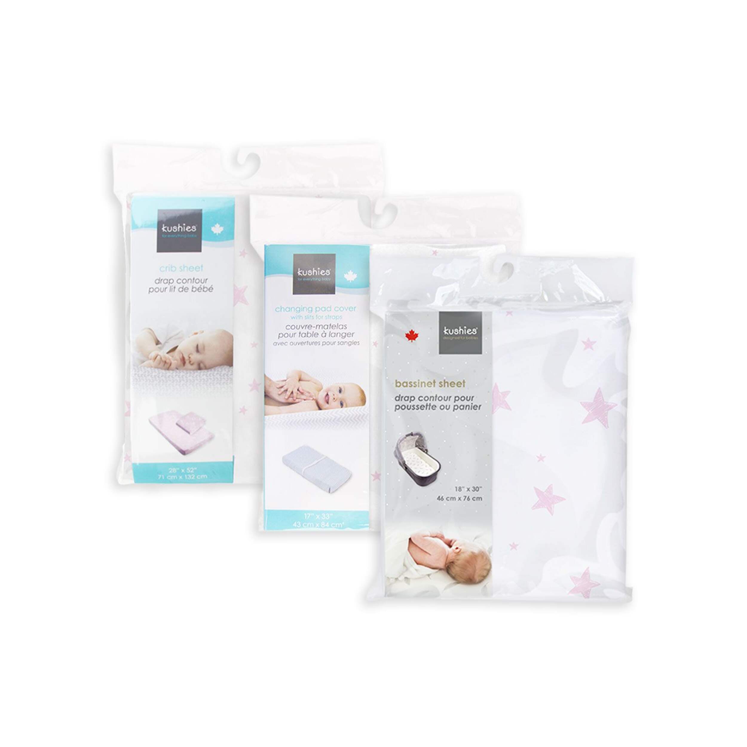 Kushies Baby Crib, Bassinet Sheet, & Change Pad Cover Sheet Bundle, 3-pk, Pink Front_Flat