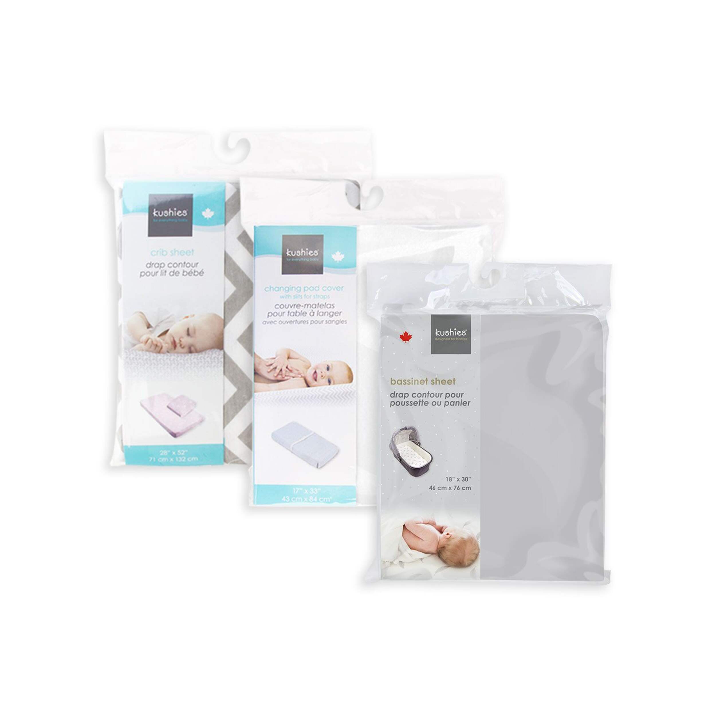 Kushies Baby Crib, Bassinet Flannel Sheet, & Change Pad Cover Sheet Bundle, 3-pk, Grey Front_Flat