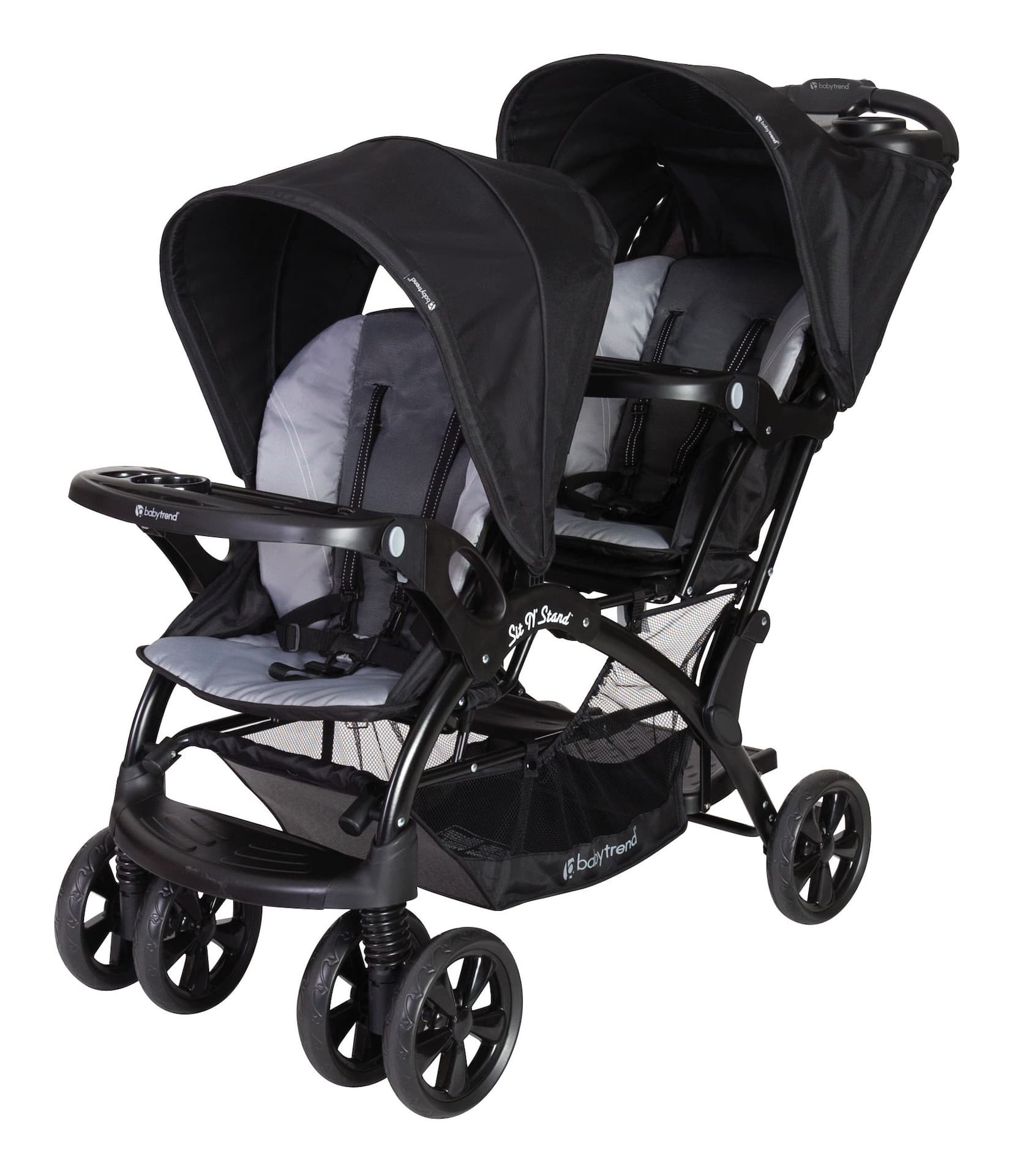 Baby Trend Sit N Stand poussette double pliable convertible avec 2 porte- gobelets, gris