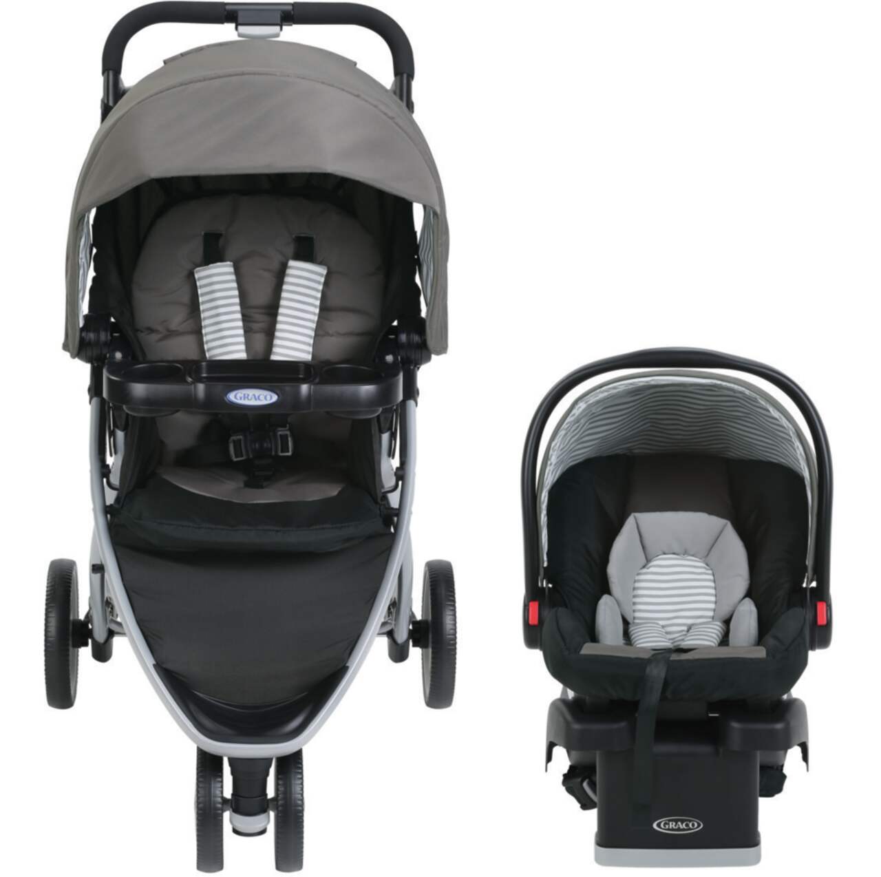 Fast action click outlet connect travel system