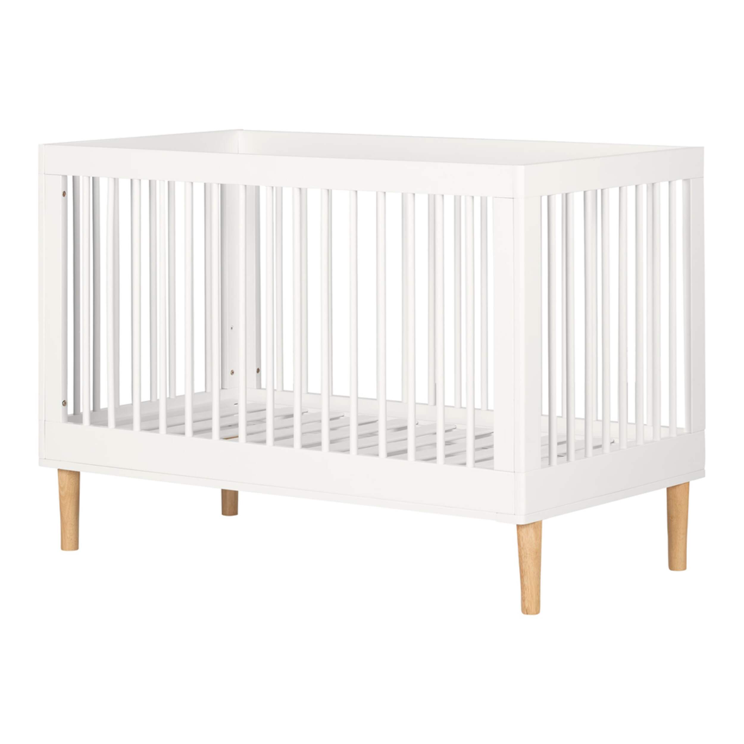 South Shore Balka - Lit de bébé à hauteur réglable, blanc uni et bois pâle exotique Front_Angled_Right