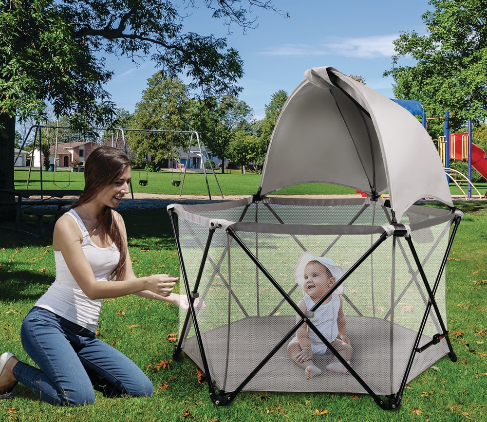 Harmony PopUp Playard with Half Canopy, Grey Canadian Tire