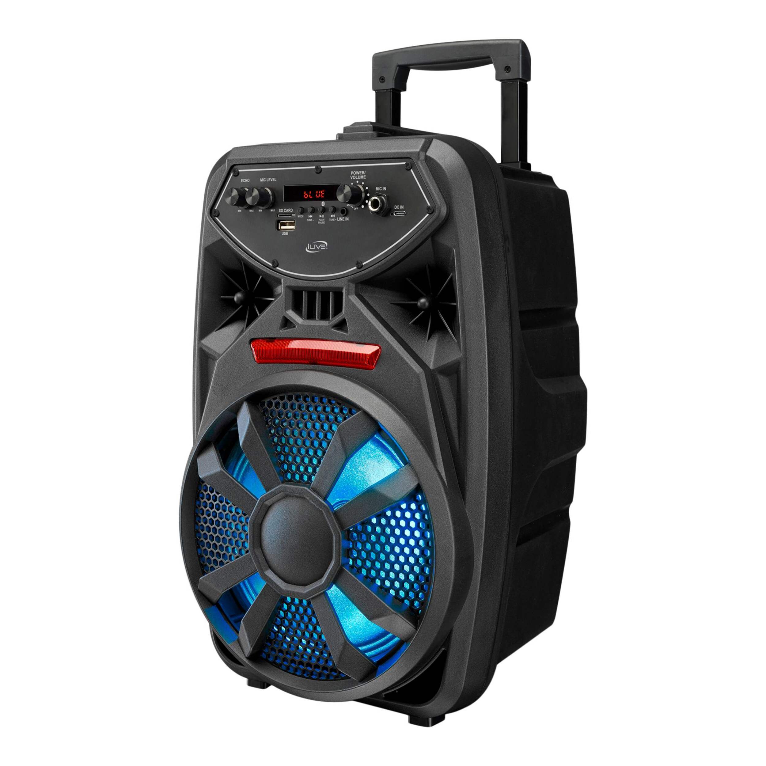 Haut-parleur sans fil Bluetooth à roues pour fête d'avant-match, lumières à DEL et radio FM, noir Front_Three_Fourths_Angled_Left