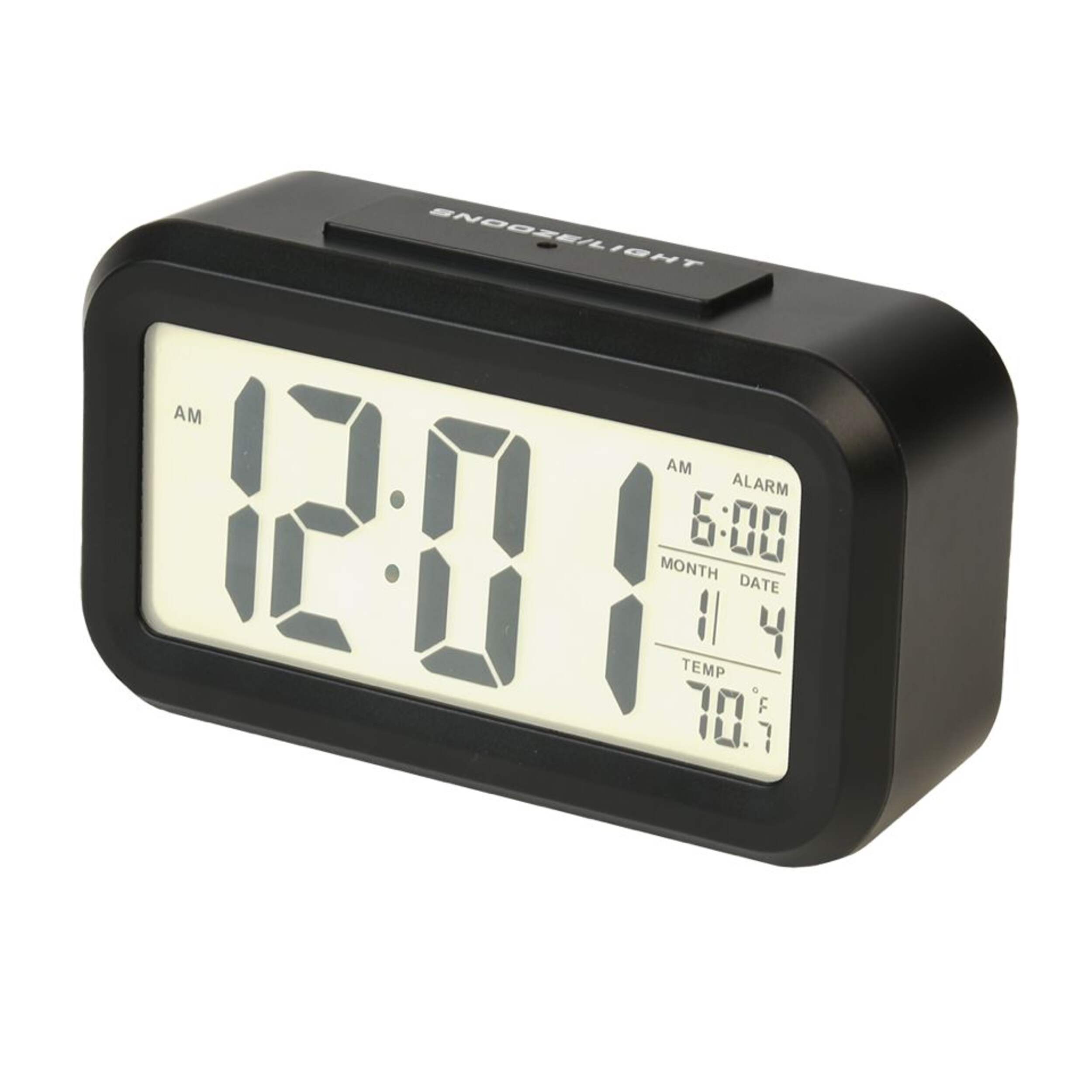 RCA RCD11A Portable Digital Alarm Clock with Built-In Temperature & Calendar Front_Three_Fourths_Angled_Left