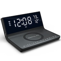 Westclox Dimmable LED Digital Dual Alarm Clock with Qi Certified Fast Wireless & USB Charging Front_Three_Fourths_Angled_Right