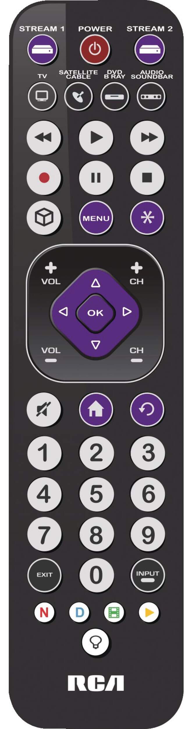 RCA 6-Device Rechargeable Ultra Thin Universal Remote Control, Black Front_Flat