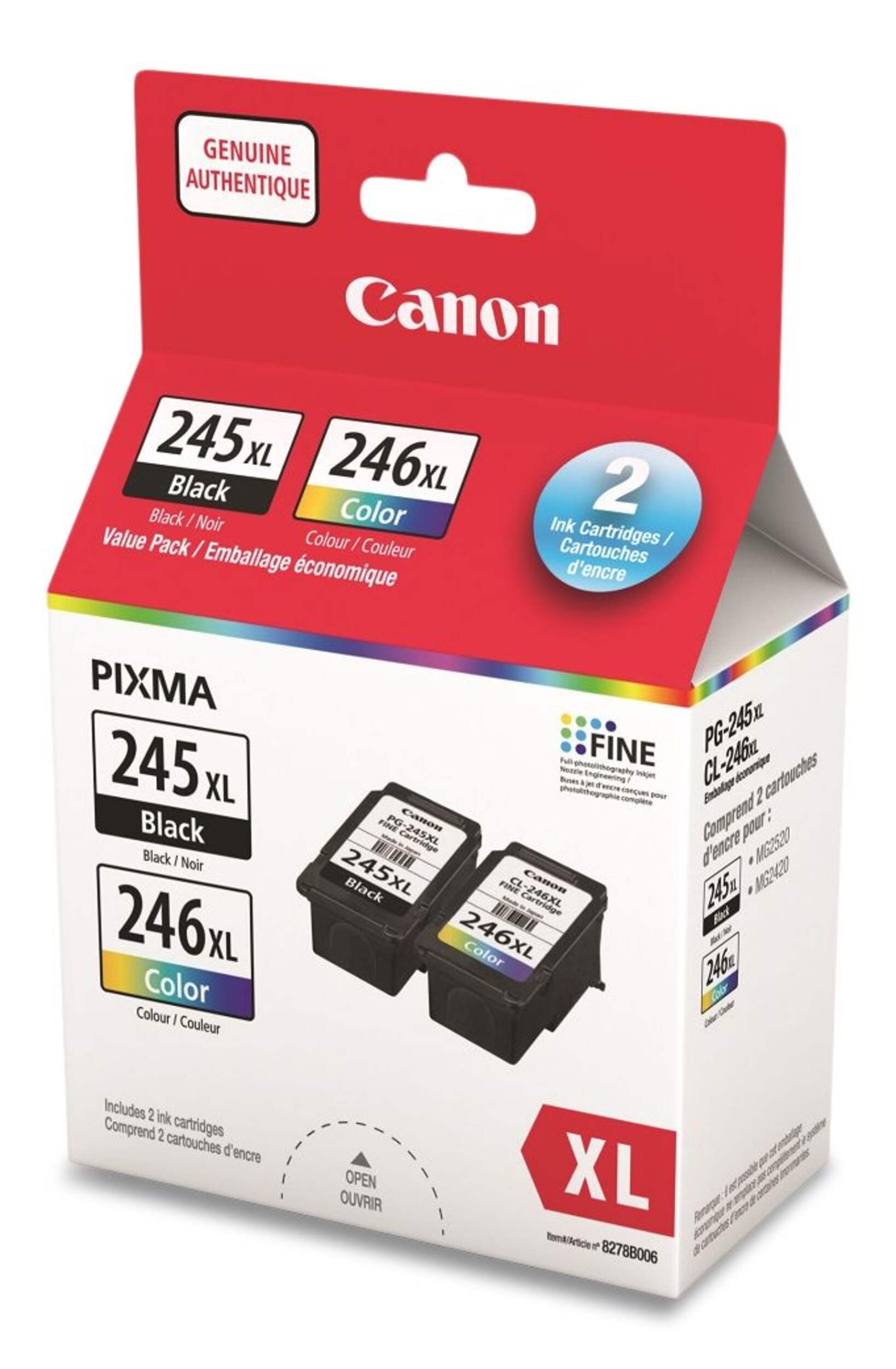 Canon Pixma PG245XL CL246XL Printer Ink Cartridge Value Pack, Colour and Black Front_Three_Fourths_Angled_Left