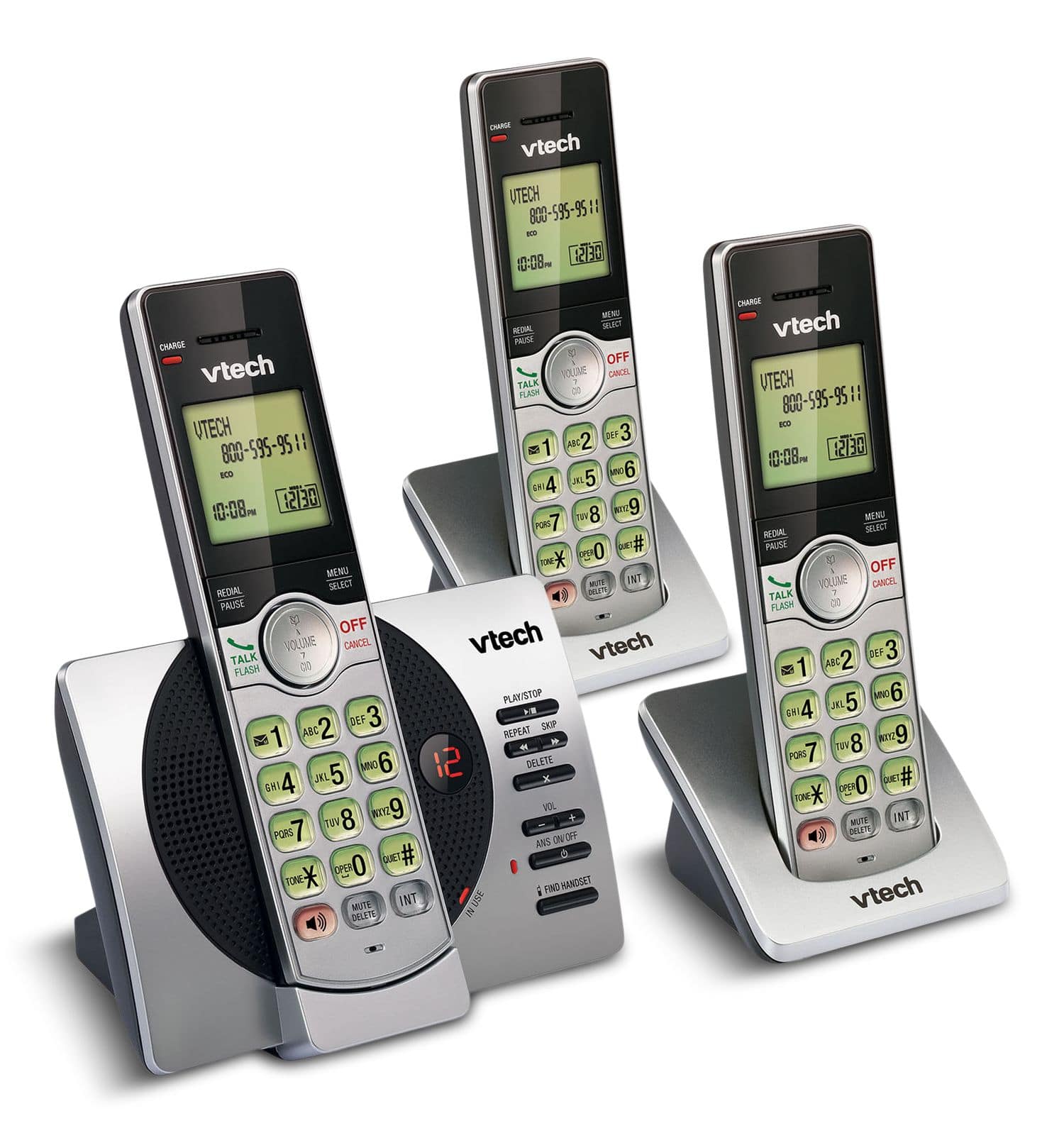 VTech DECT 6.0 Cordless Phones with Digital Answering System, 3 Handsets,  Silver/Black