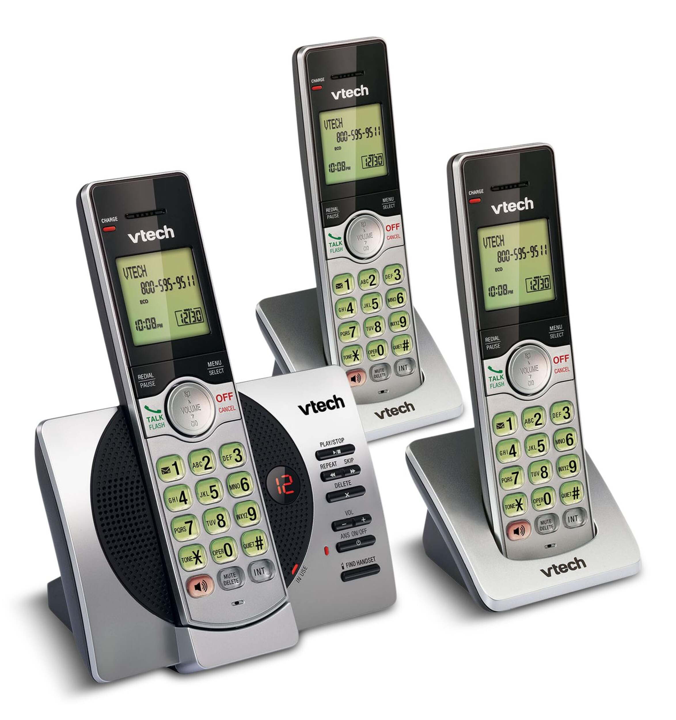 Téléphones sans fil VTech DECT 6.0 avec répondeur numérique, 3 combinés, argent/noir Front_Three_Fourths_Angled_Right