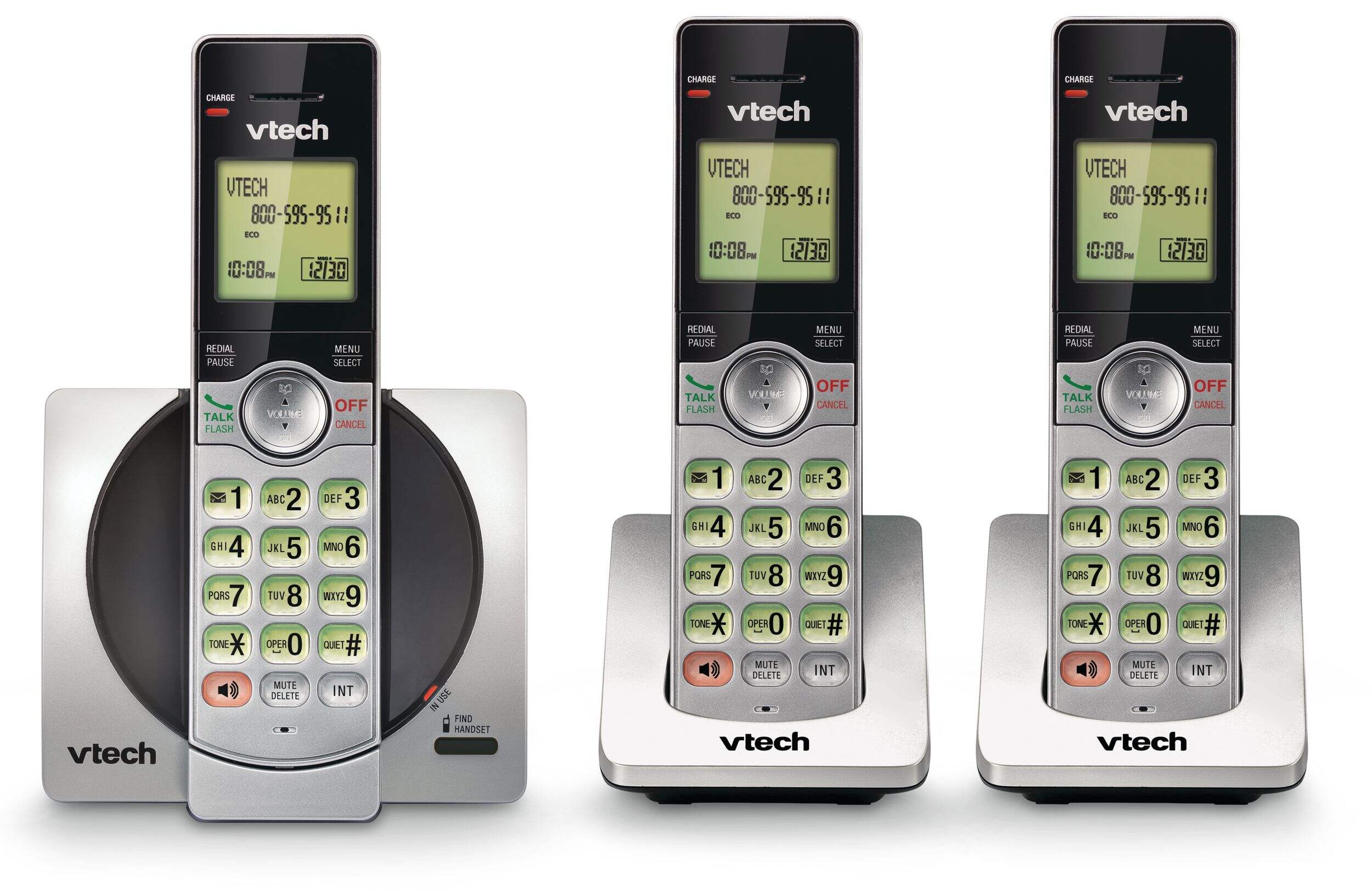 Système téléphonique sans fil VTech DECT 6.0 avec afficheur d'identité d'appelant, 3 combinés, argent/noir Front_Flat