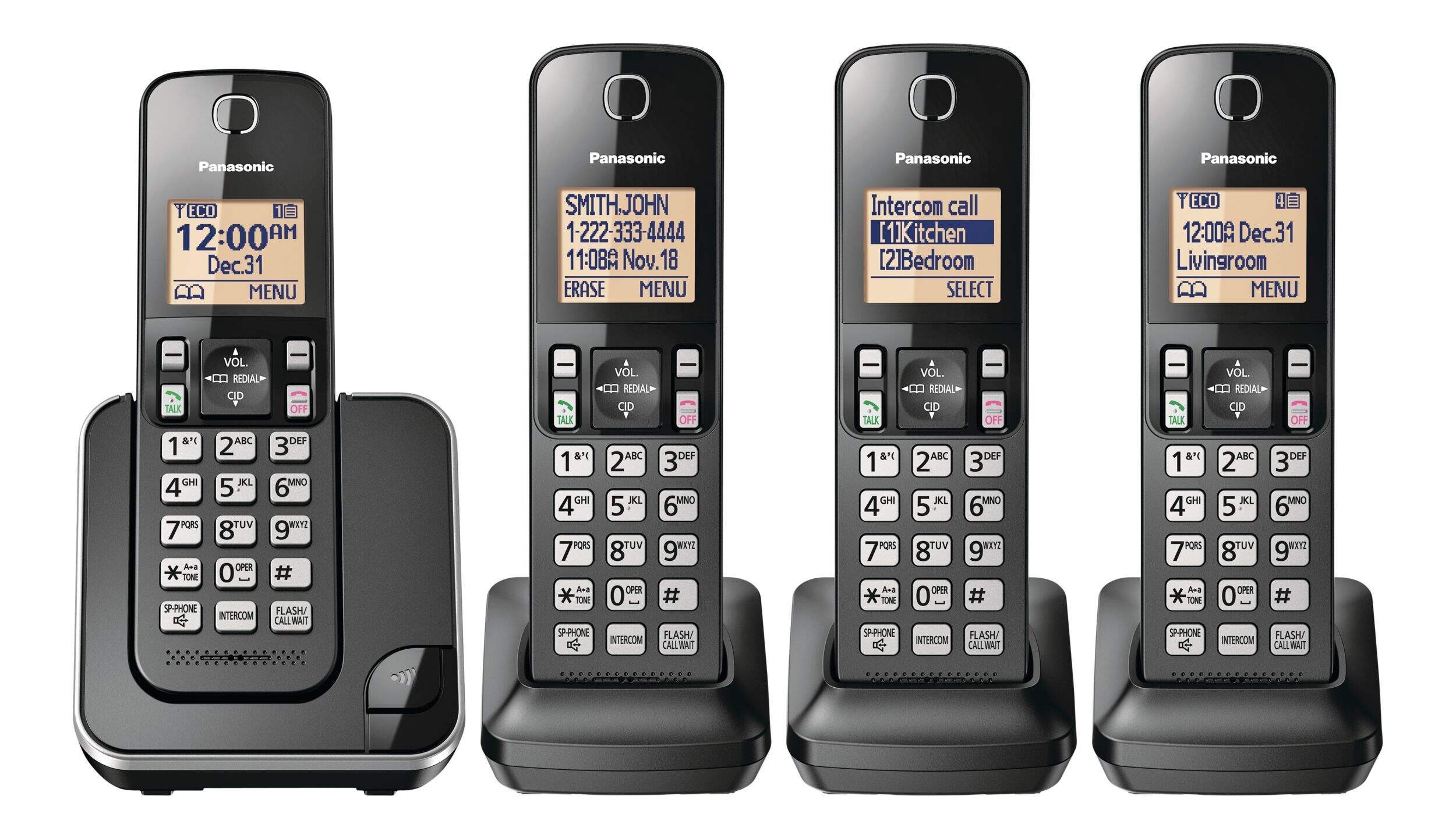 Téléphone sans fil Panasonic DECT 6.0, 4 combinés, noir Front_Flat