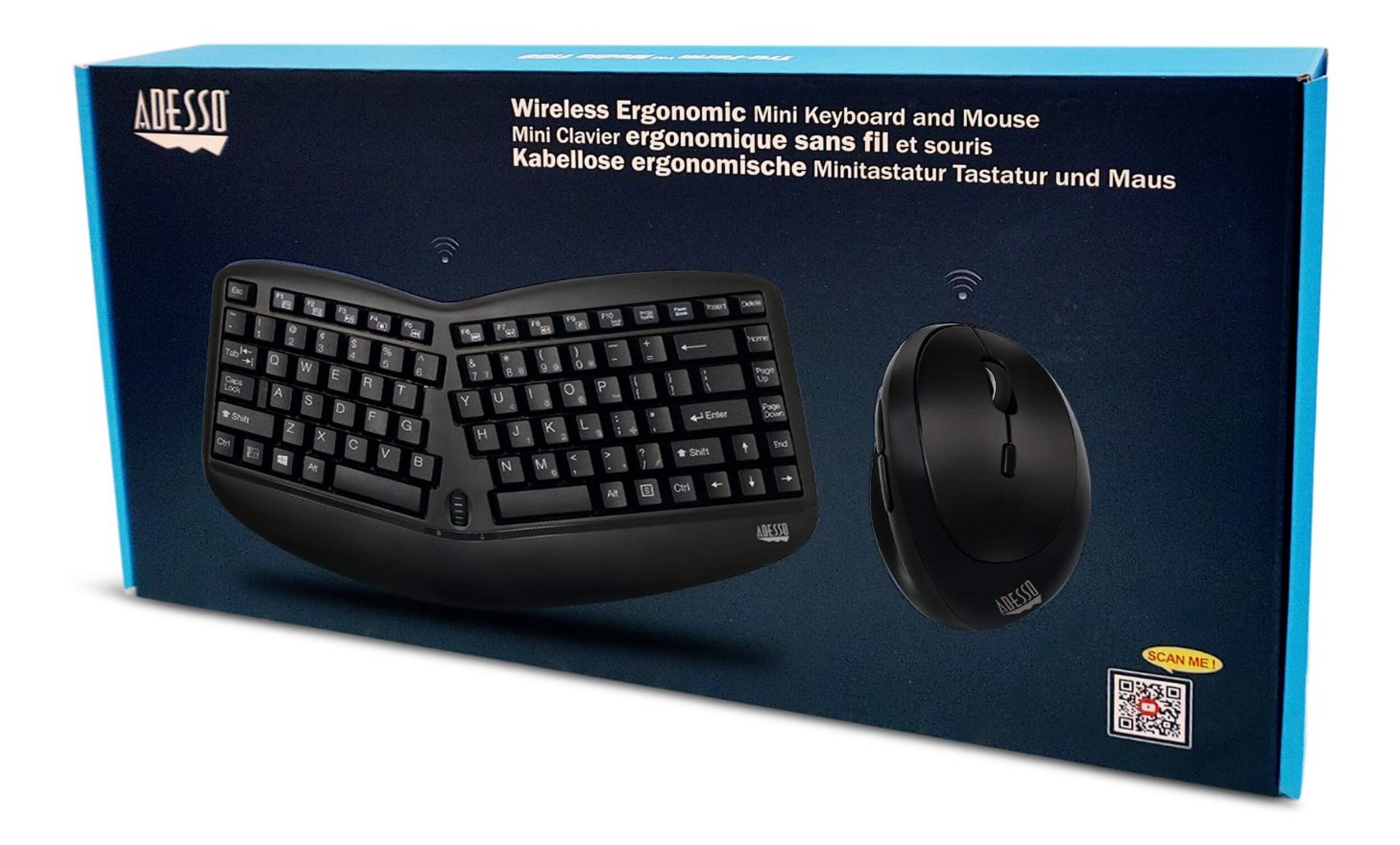 Adesso Tru-Form Media 3150 Wireless Ergonomic Keyboard with Trackball Mouse, Black Front_Three_Fourths_Angled_Left