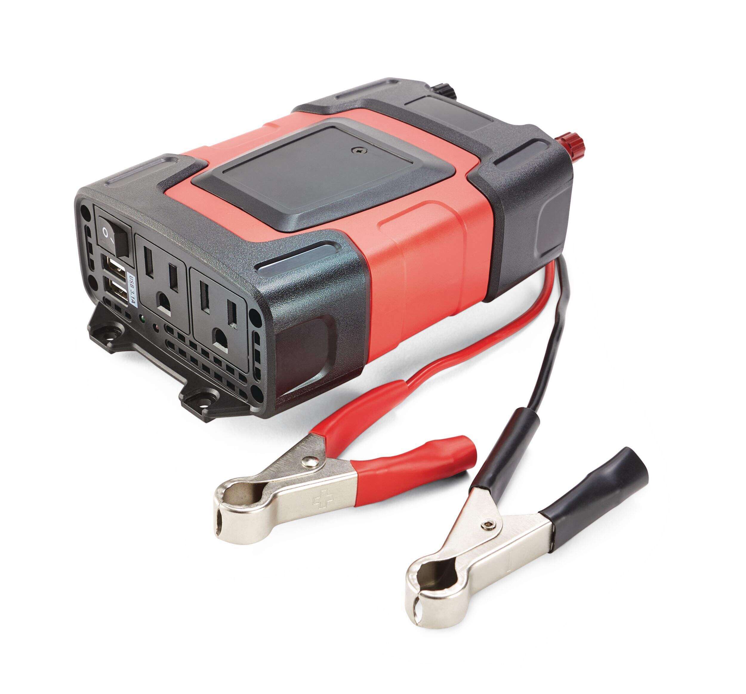MotoMaster 200W Power Inverter with Dual USB & AC Ports Front_Three_Fourths_Angled_Left
