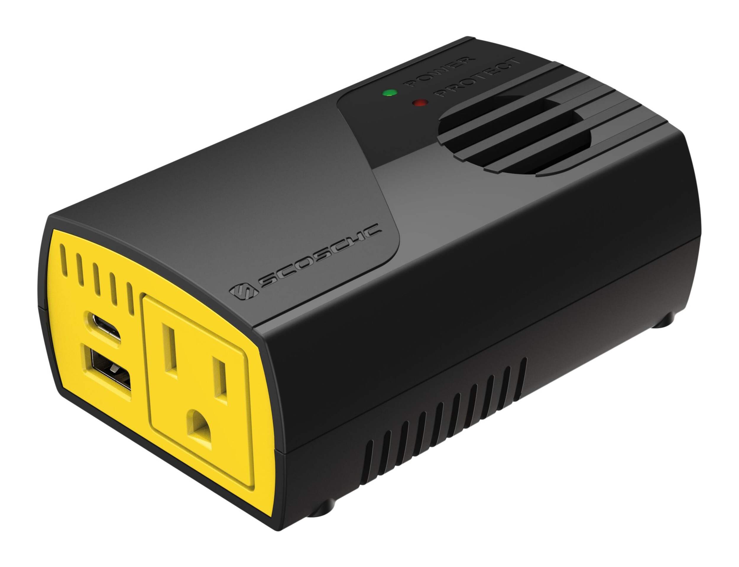 Scosche 150W Portable Power Inverter with Dual USB Ports Front_Three_Fourths_Angled_Left