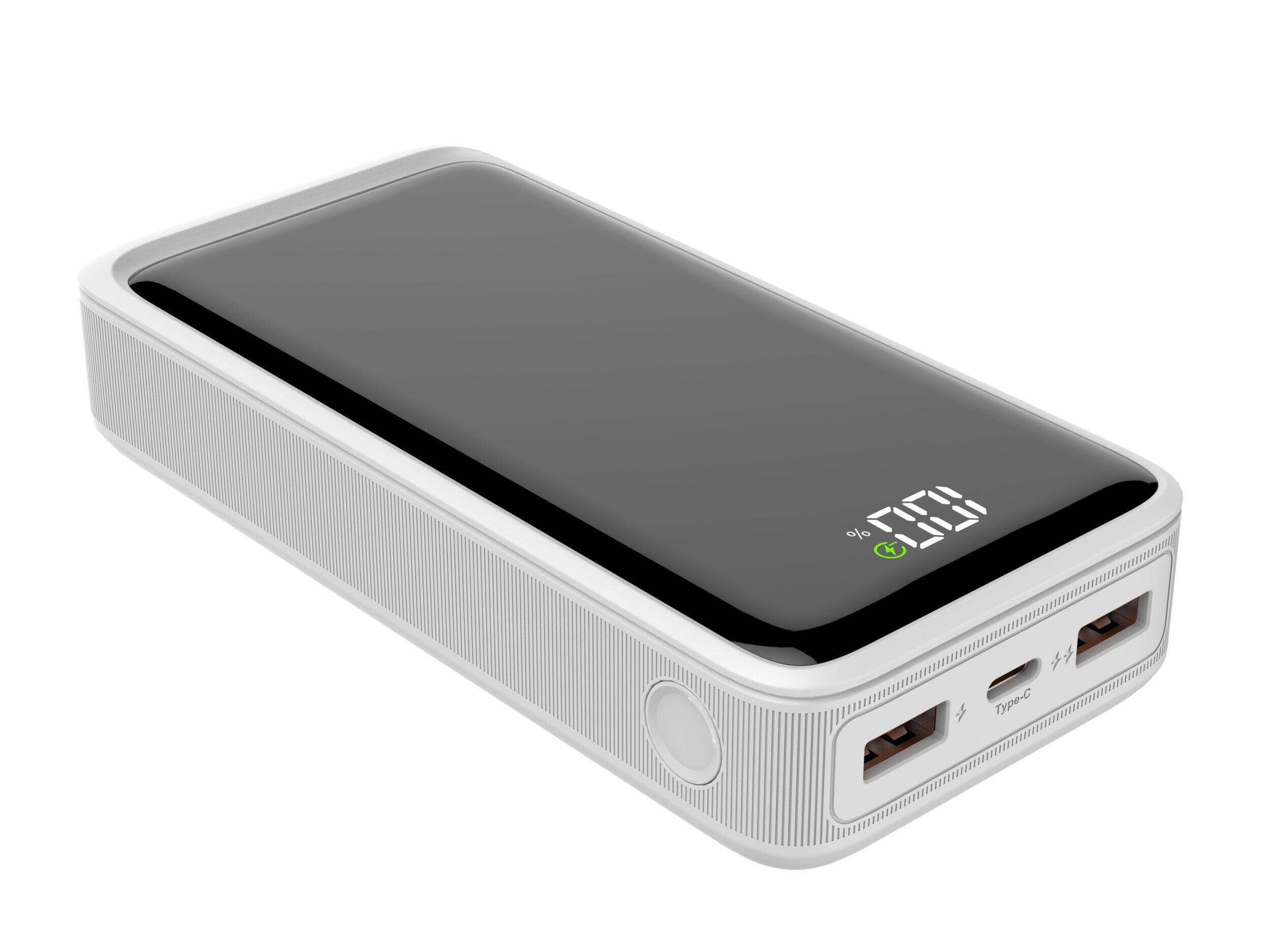 Bluehive 2-Port 20,000 mAh 20W Portable Power Bank with Digital Screen & Quick Charge, Compatible with Most Devices, White Front_Three_Fourths_Angled_Right