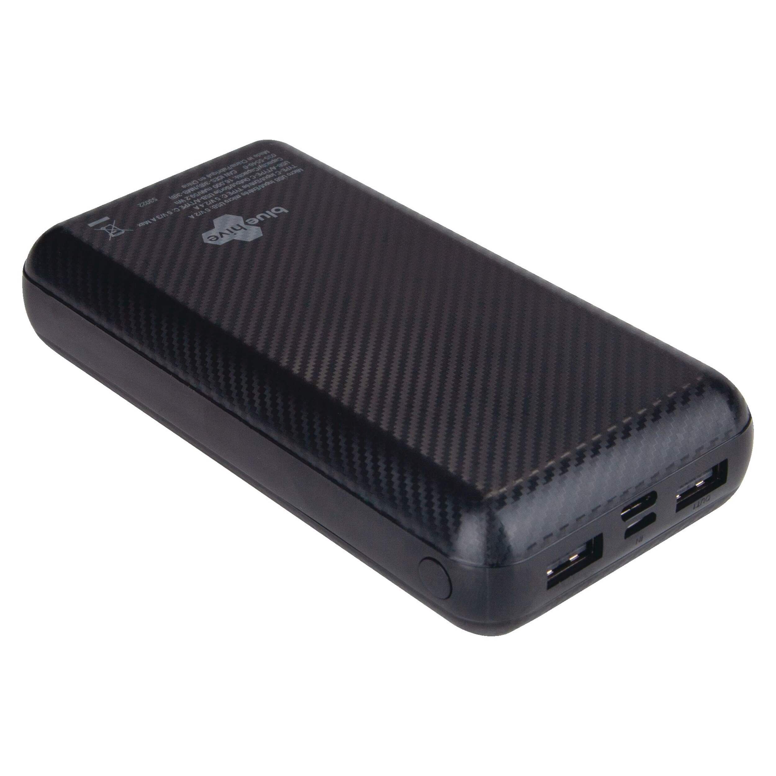 Bluehive 3-Port 16,000 mAh Portable Power Bank with Battery LED Indicator Light, Black Front_Three_Fourths_Angled_Right