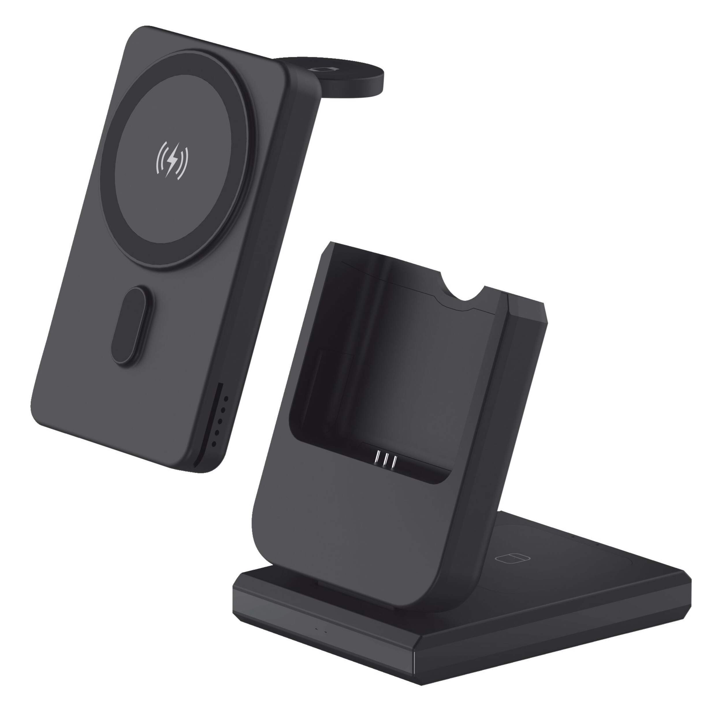 Bluehive 4-in-1 MagSafe® Compatible Wireless Charging Station with 5,000mAh PD Power Bank, Compatible with Most Devices, Black Front_Angled_Left