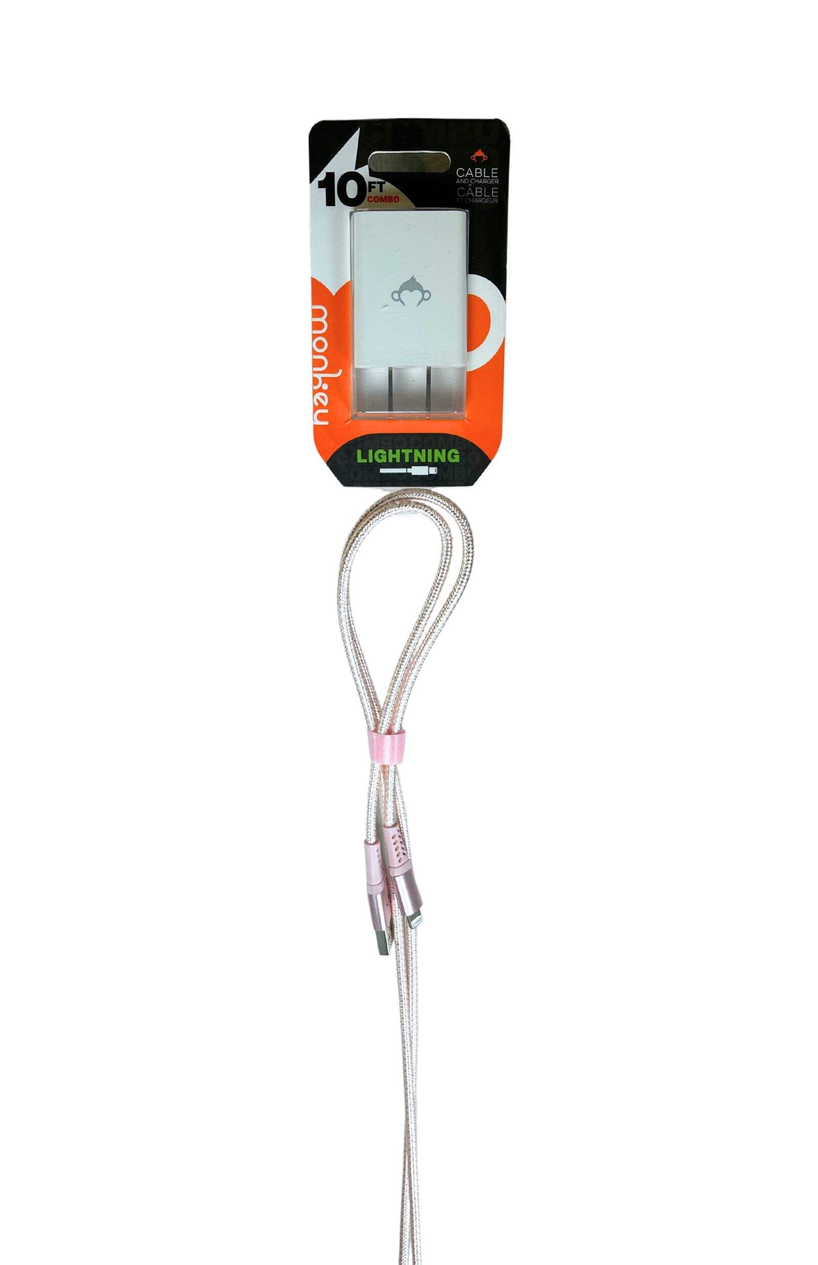 Monkey Lightning iPhone Charge & Sync Cable, Rose Gold with White 2A plug, 10-ft Front_Flat