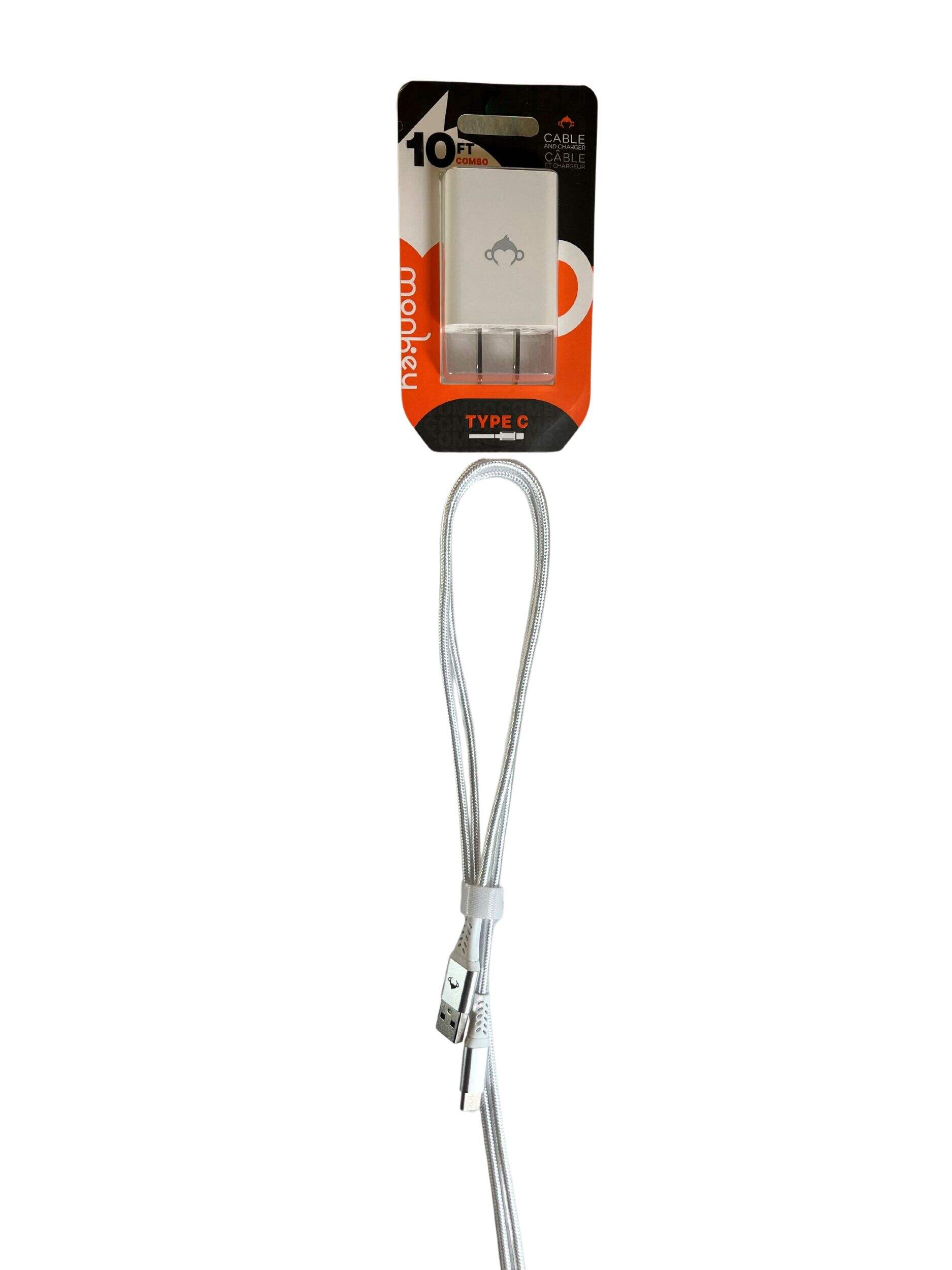 Monkey Lightning iPhone Charge & Sync Cable, White with White 2A plug, 10-ft Front_Flat