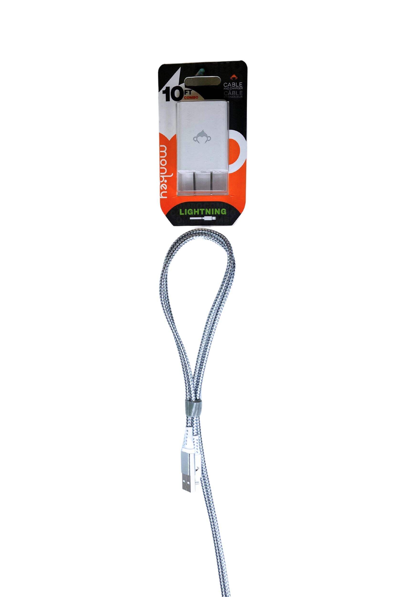 Monkey Type-C Charge & Sync Cable, White with White 2A plug, 10-ft Front_Flat