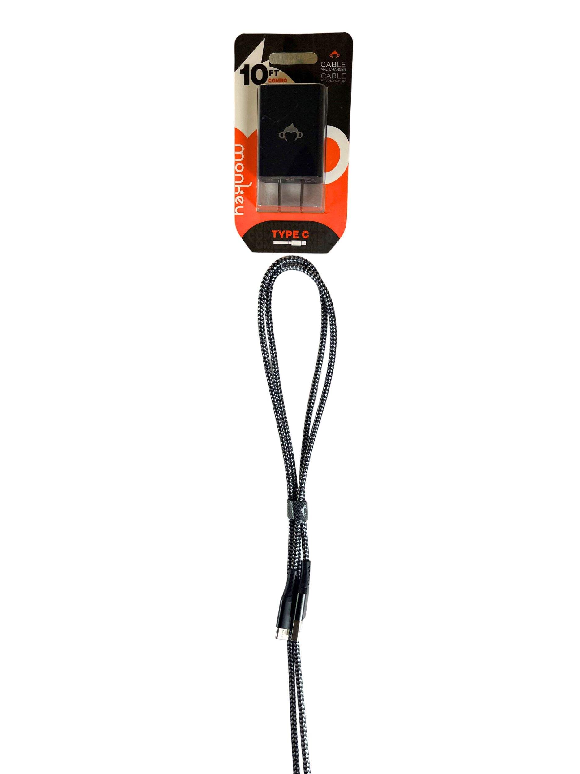 Monkey Type-C Charge & Sync Cable, Black with Black 2A plug, 10-ft Front_Flat