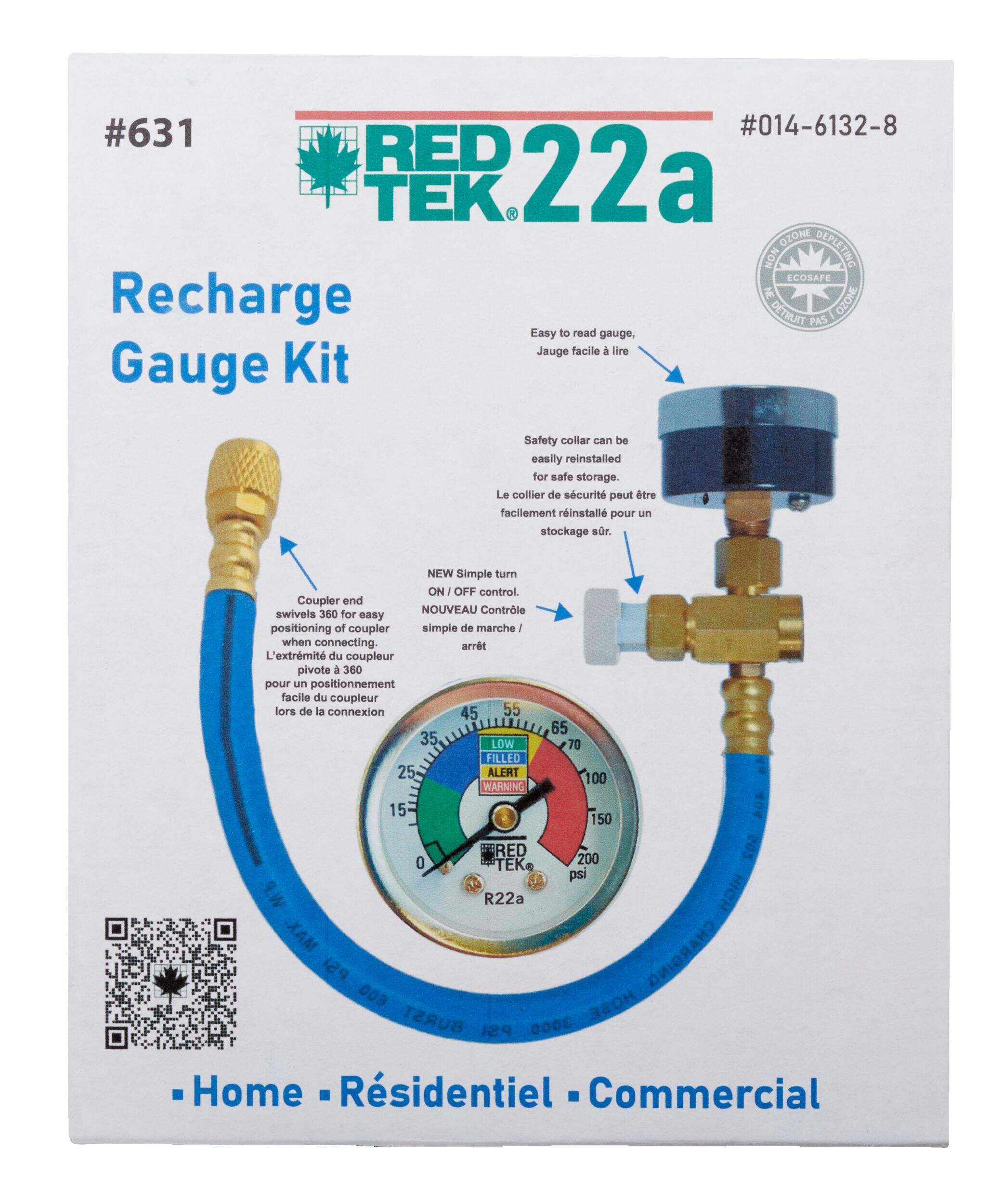 RED TEK R22a A/C Refrigerant Recharge Installation Hose with Gauge Front_Flat