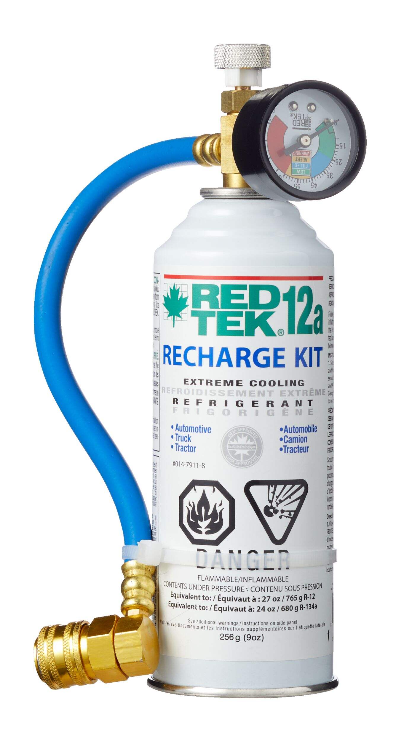 RED TEK R12a A/C Natural Refrigerant Supercharger Cooling Recharge Kit with Gauge, Installation Hose & Low Side Coupler, 9-oz Front_Flat