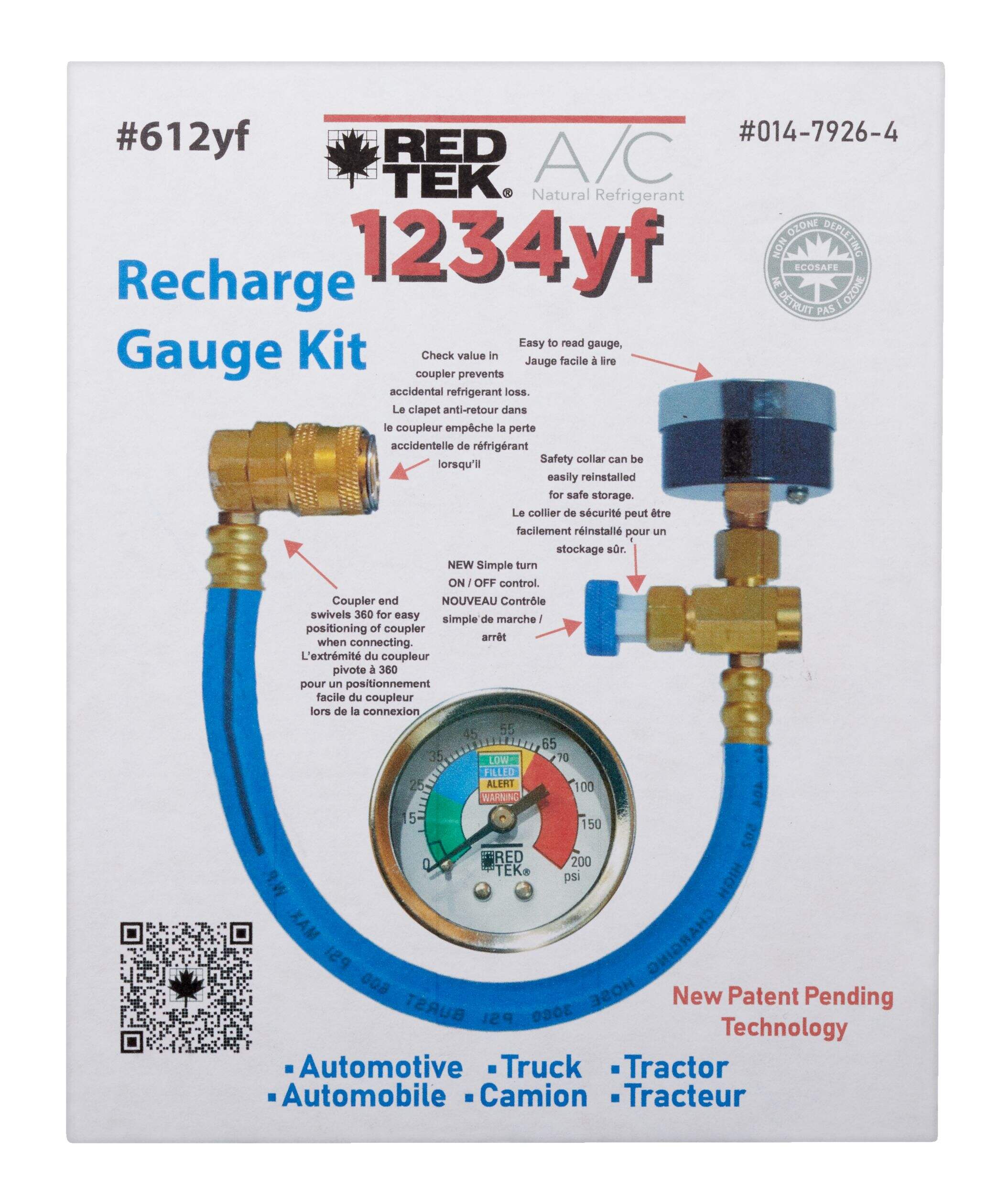 RED TEK 1234YF A/C Recharge Gauge Kit with Installation Hose & Low Side Coupler Front_Flat