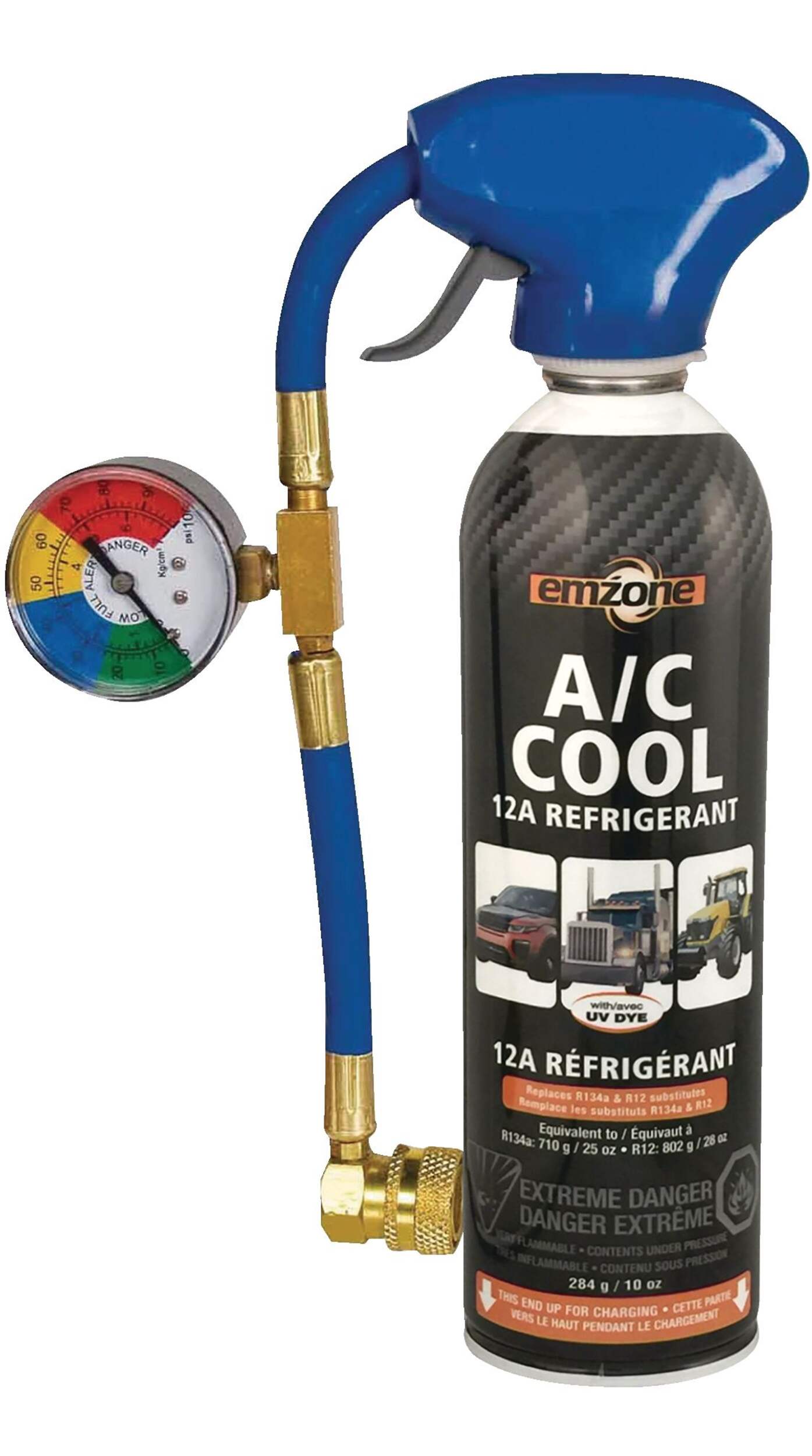 Emzone R12a A/C Cool Refrigerant Recharge Kit with Gauge, Installation Hose & Low Side Coupler, 10-oz Front_Flat