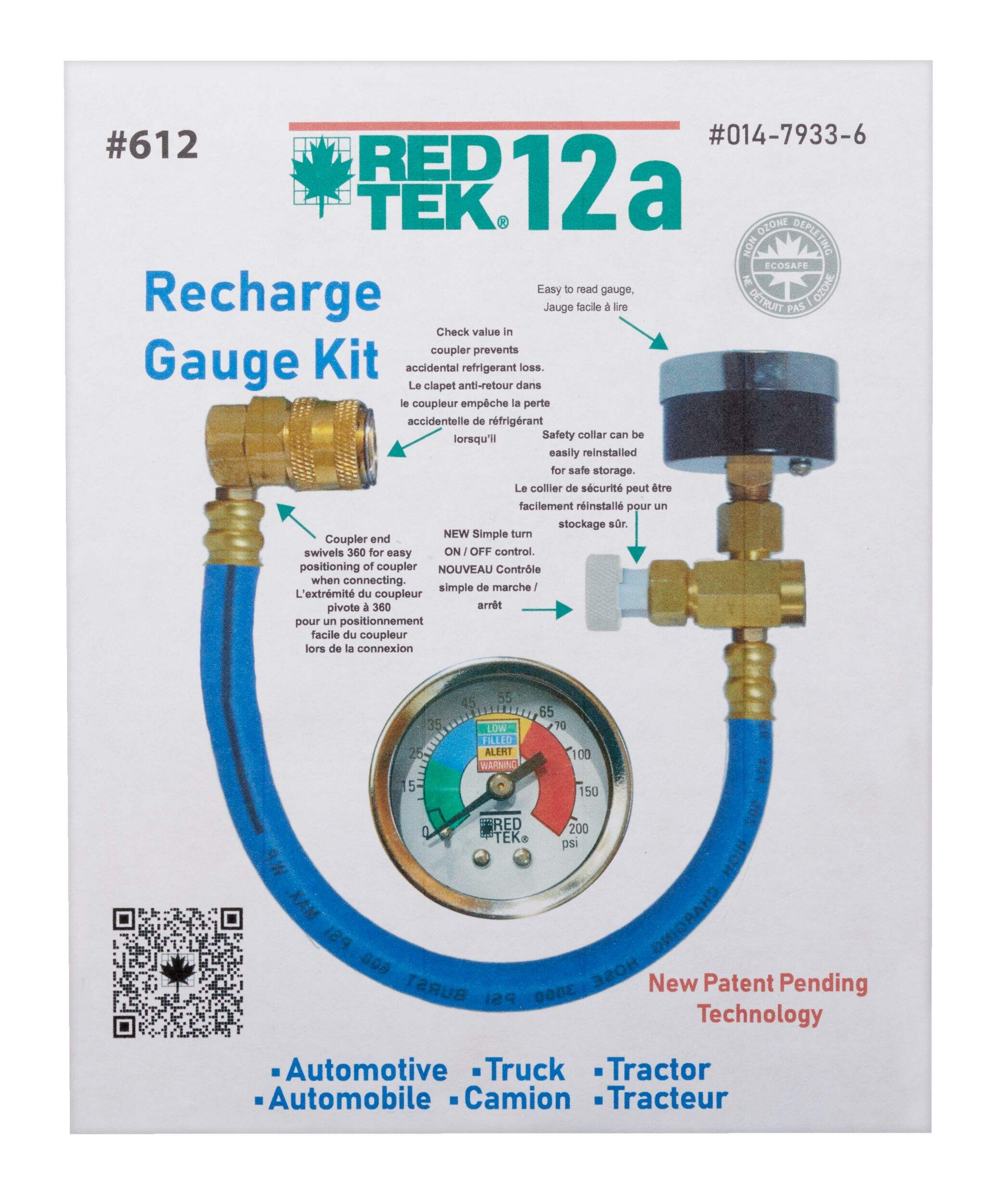 RED TEK 612 R134a Recharge Gauge Kit with Installation Hose & Low Side Coupler Front_Flat