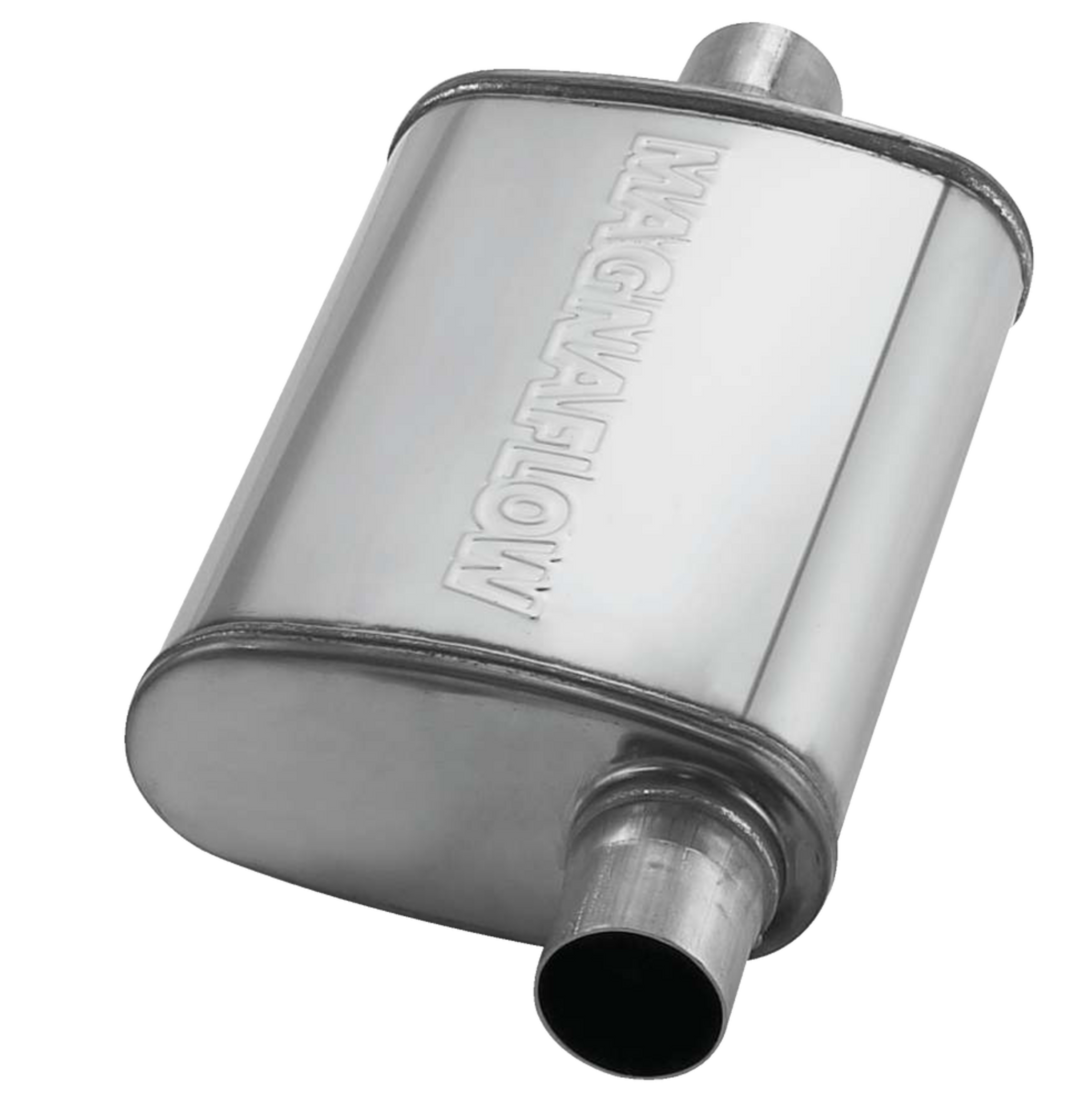 MagnaFlow Oval Straight Through Performance Exhaust Muffler, 4 x 9-in, Polished Finish Front_Angled_Left