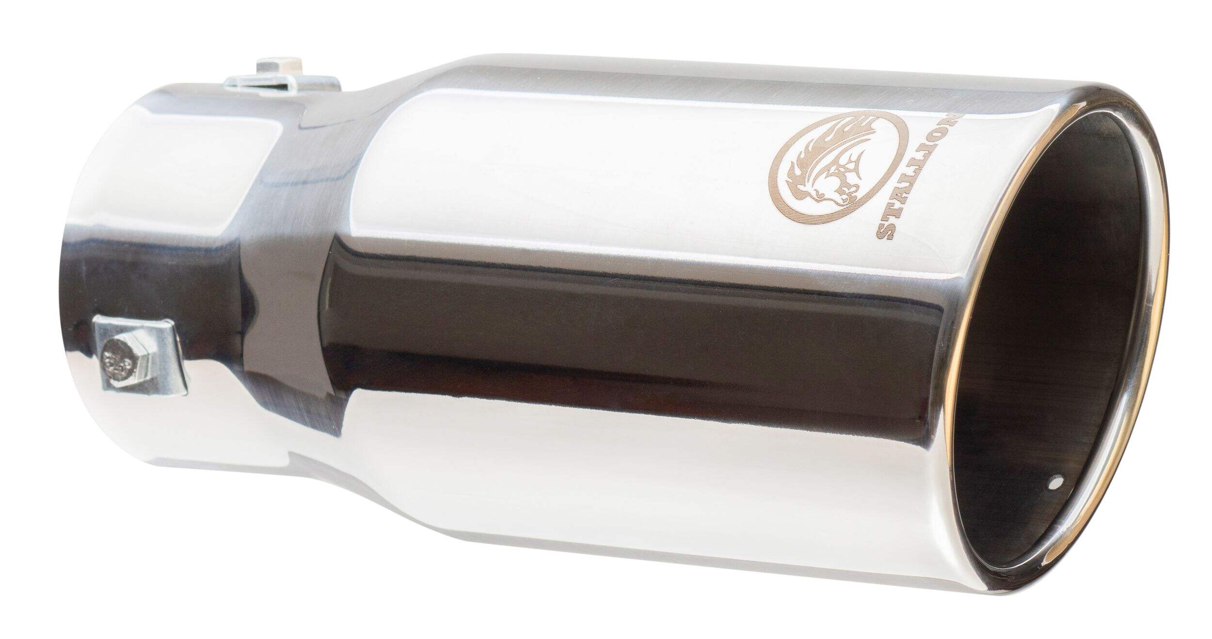 Stallion Polished Exhaust Tip, PMB-1011, 9-in Front_Three_Fourths_Angled_Right