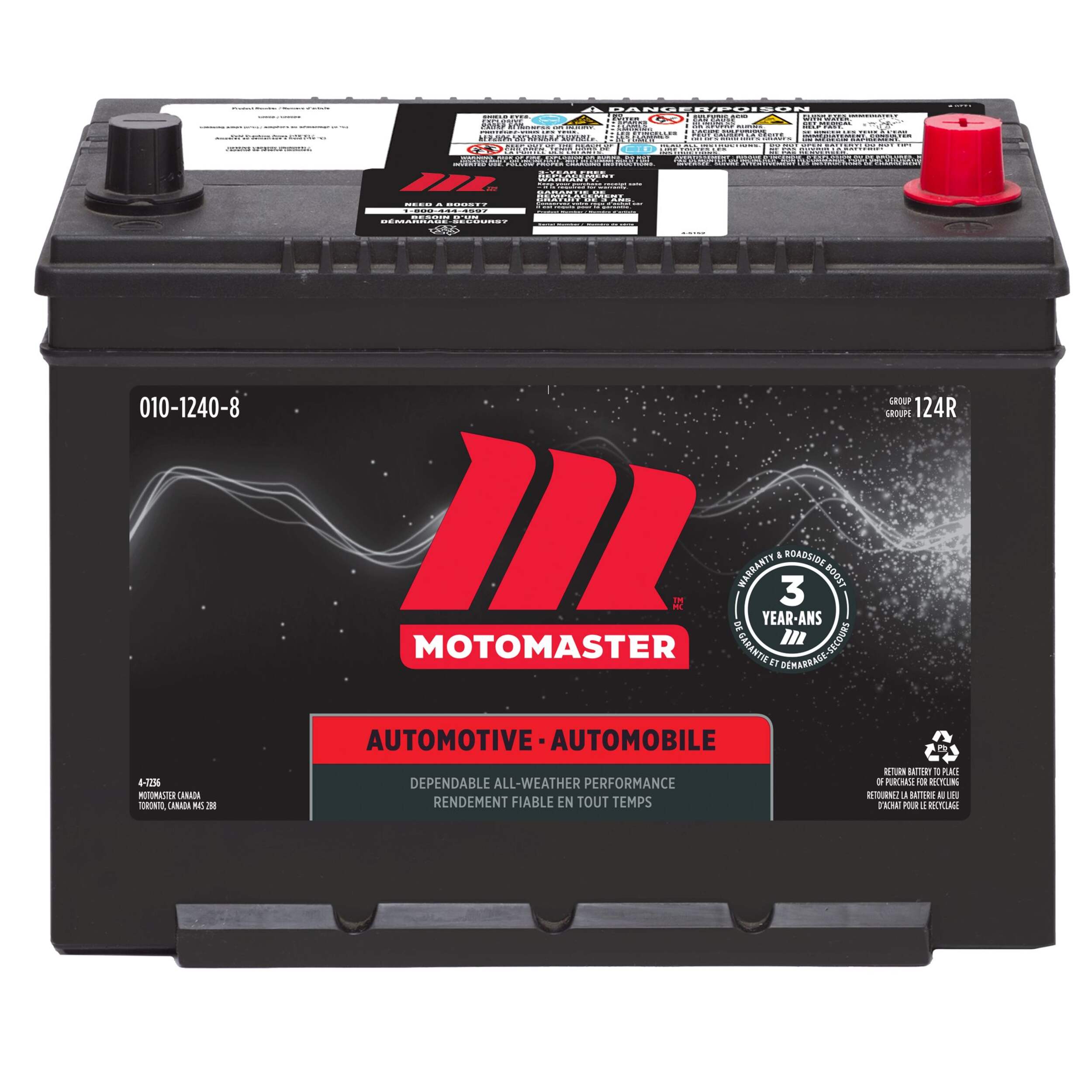 MotoMaster Group Size 124R Battery, 660 CCA Front_Elevated
