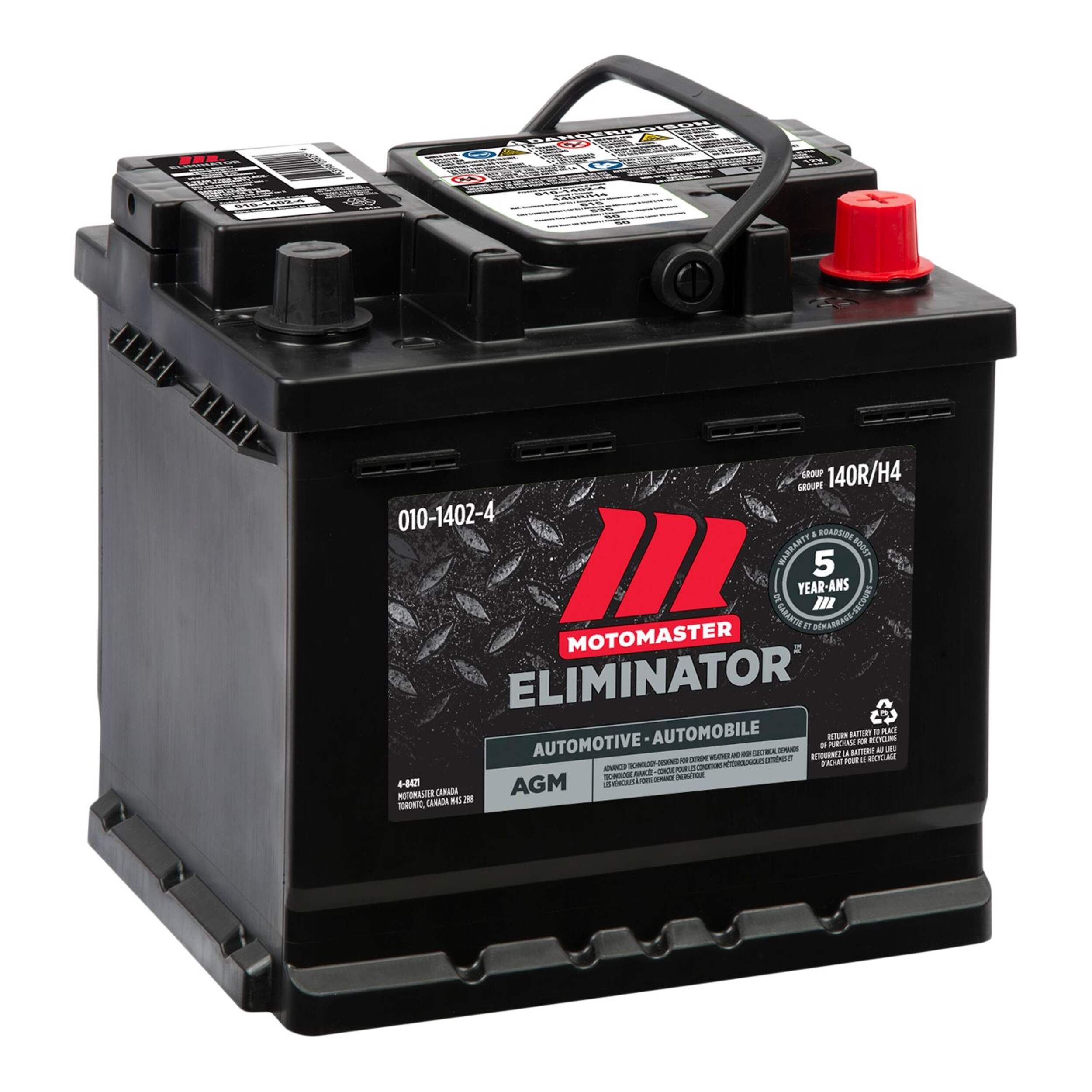 MOTOMASTER ELIMINATOR AGM Group Size 140R Battery, 535 CCA Front_Angled_Right