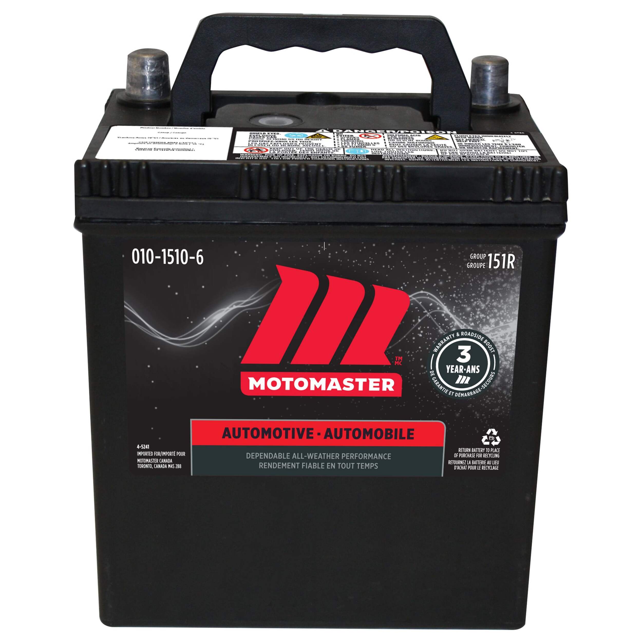 MotoMaster Group Size 151R Battery, 360 CCA Front_Elevated