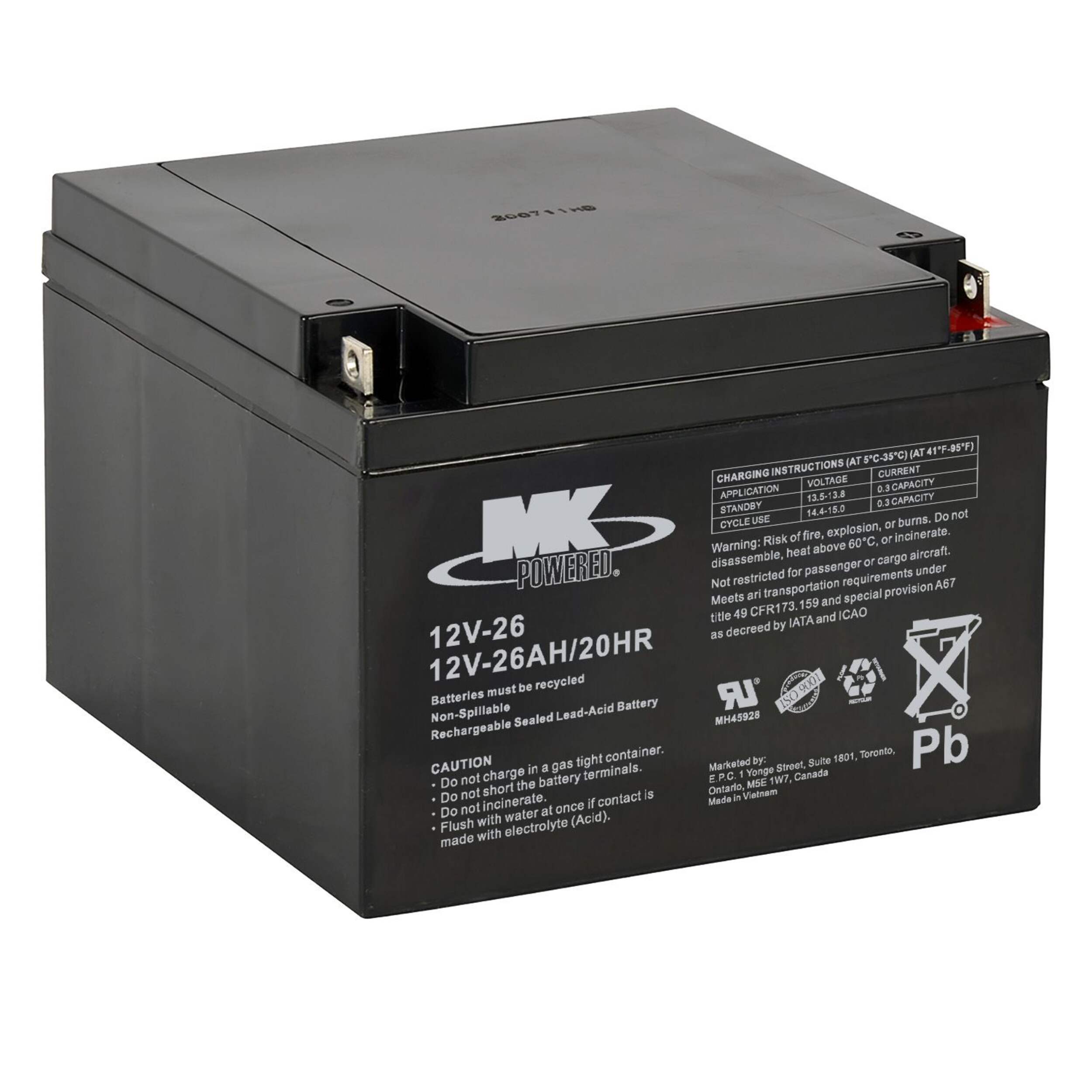 MK Battery 12-Volt 26 Ah SLA Battery Front_Three_Fourths_Angled_Right