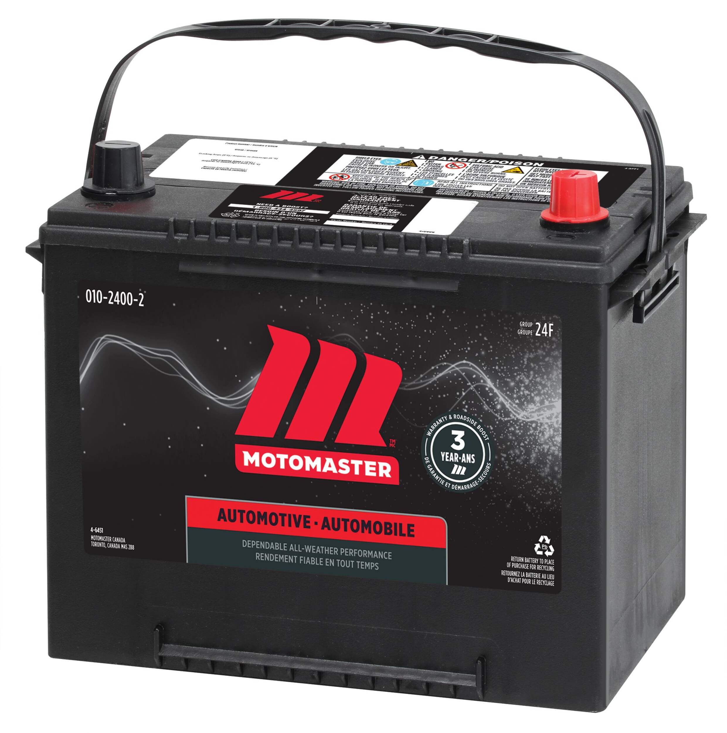 MotoMaster Group Size 24F Battery, 650 CCA Front_Angled_Left