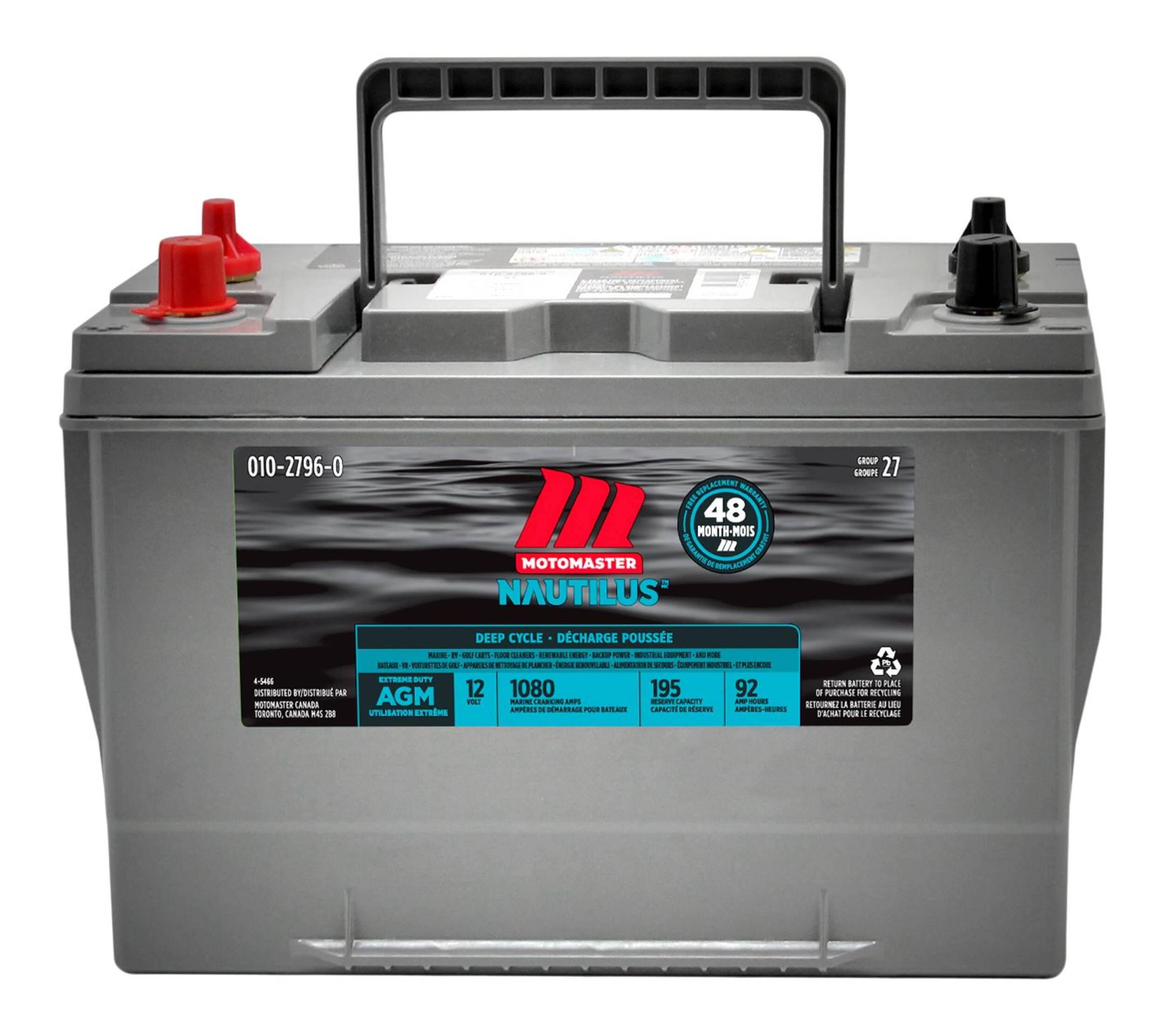 MotoMaster NAUTILUS™ Extreme AGM Group Size 27 Battery, Marine, RV, Solar, Sump Pump Front_Elevated
