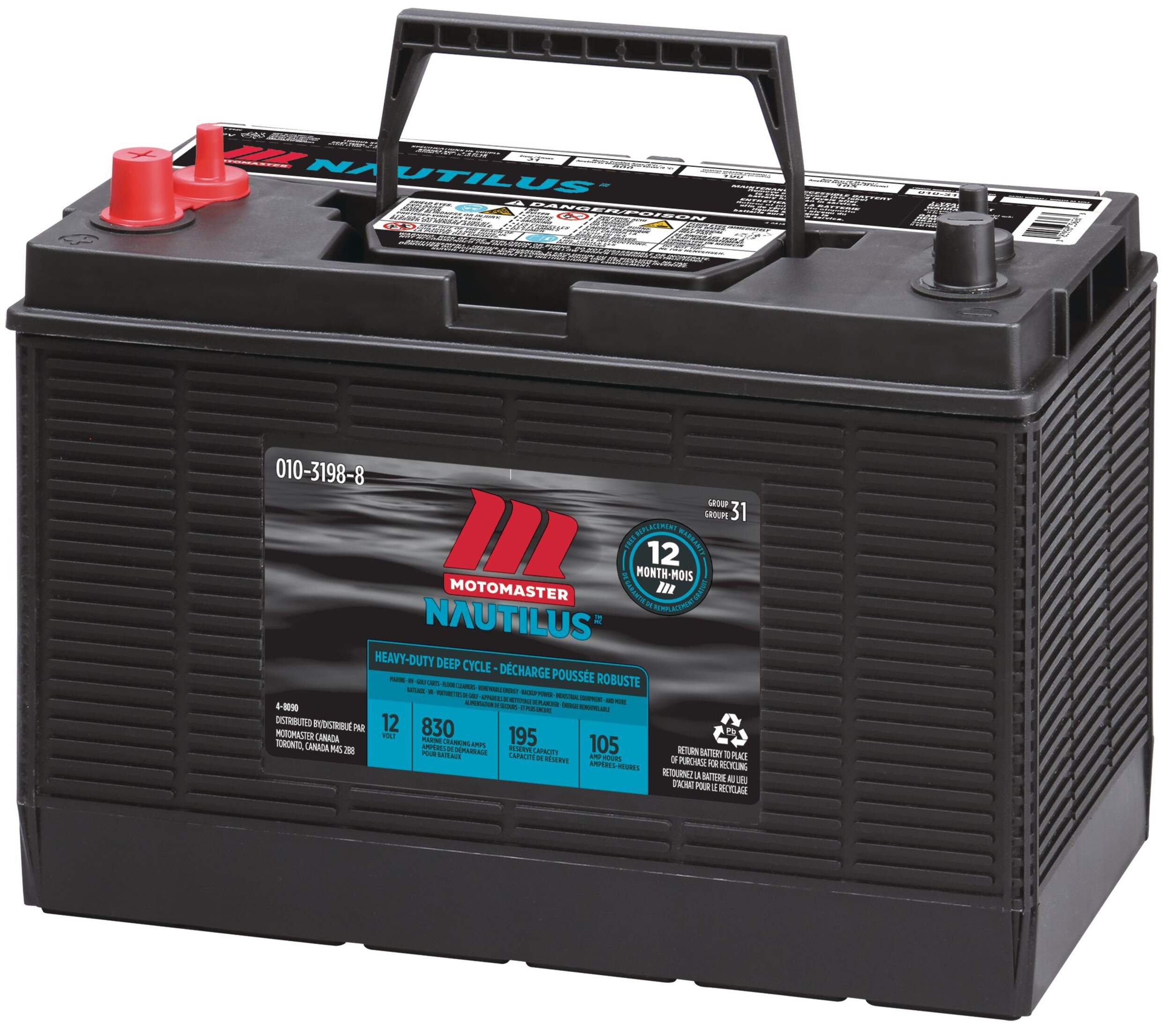 MOTOMASTER NAUTILUS Group Size 31 Heavy Duty Deep Cycle Battery Front_Three_Fourths_Angled_Left
