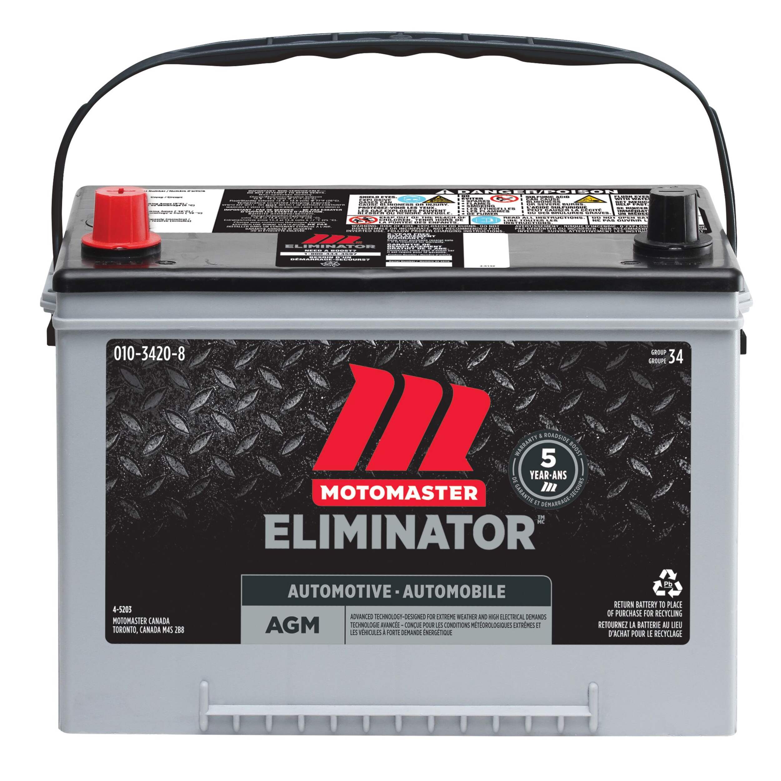 MOTOMASTER ELIMINATOR AGM Group Size 34 Battery, 750 CCA Front_Elevated