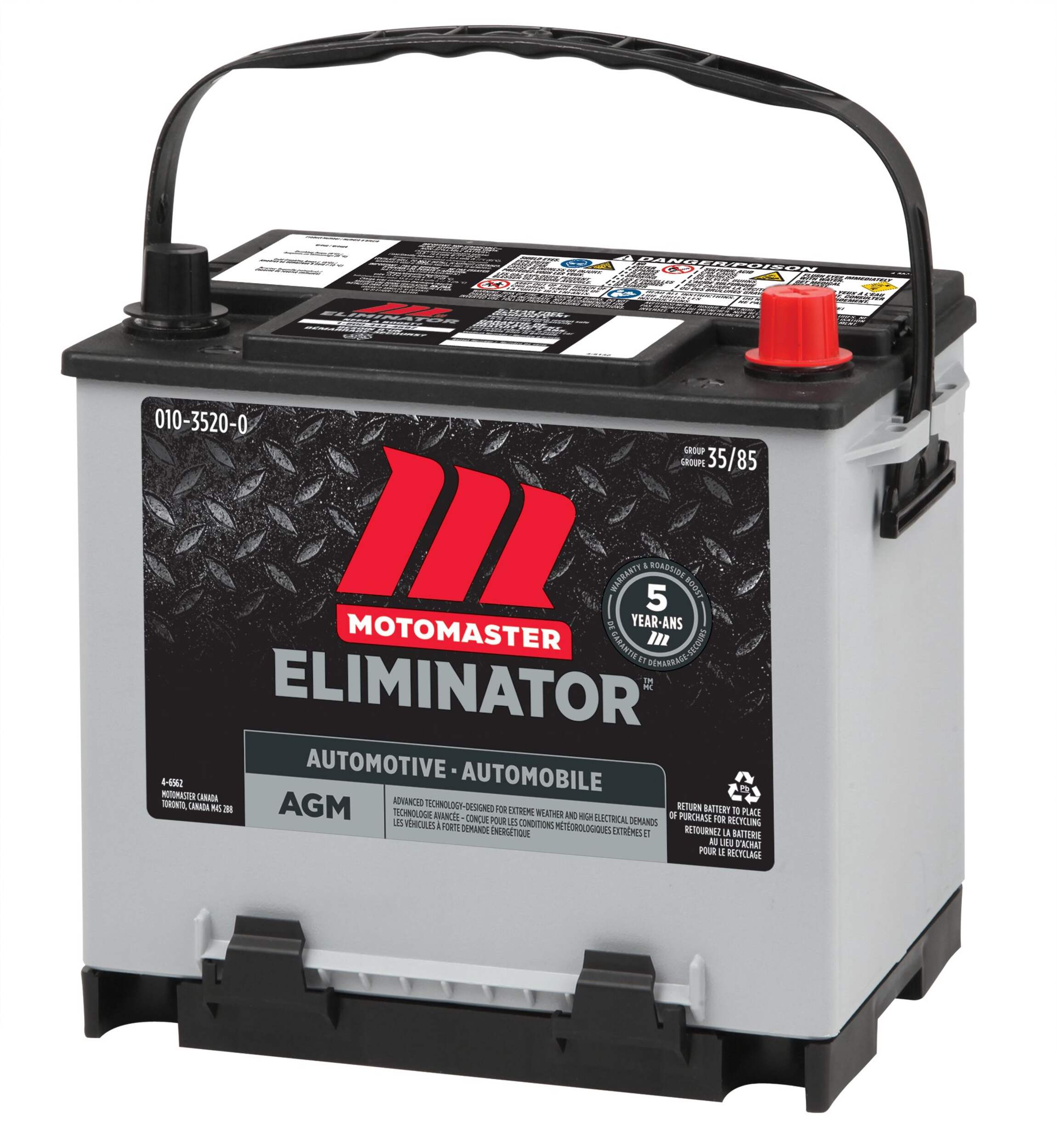 Batterie automobile MotoMaster Eliminator, groupe 35/85, 640 ADF Front_Angled_Left
