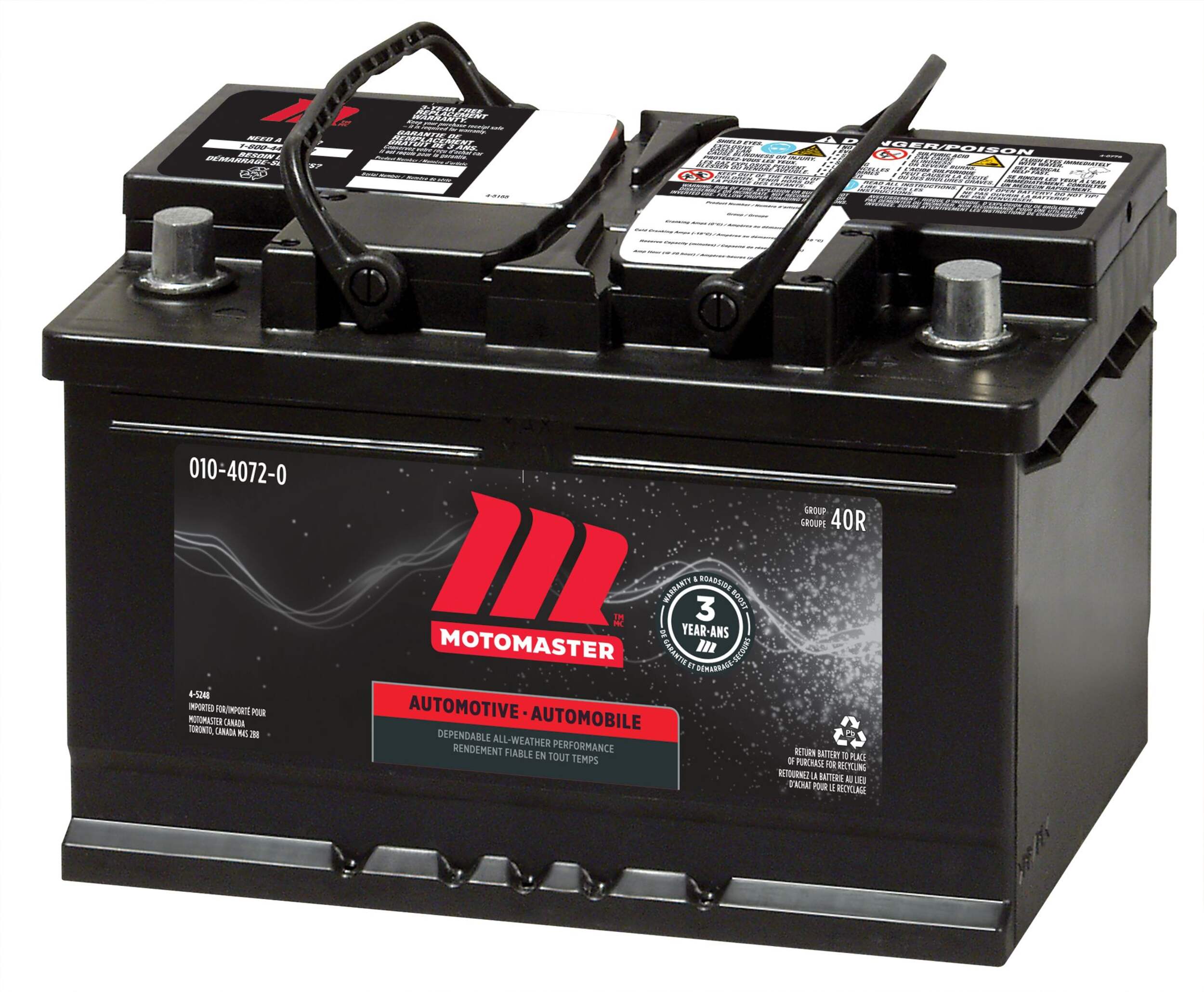 MOTOMASTER Group Size 40R (T6/LB3) Battery, 590 CCA Front_Angled_Left