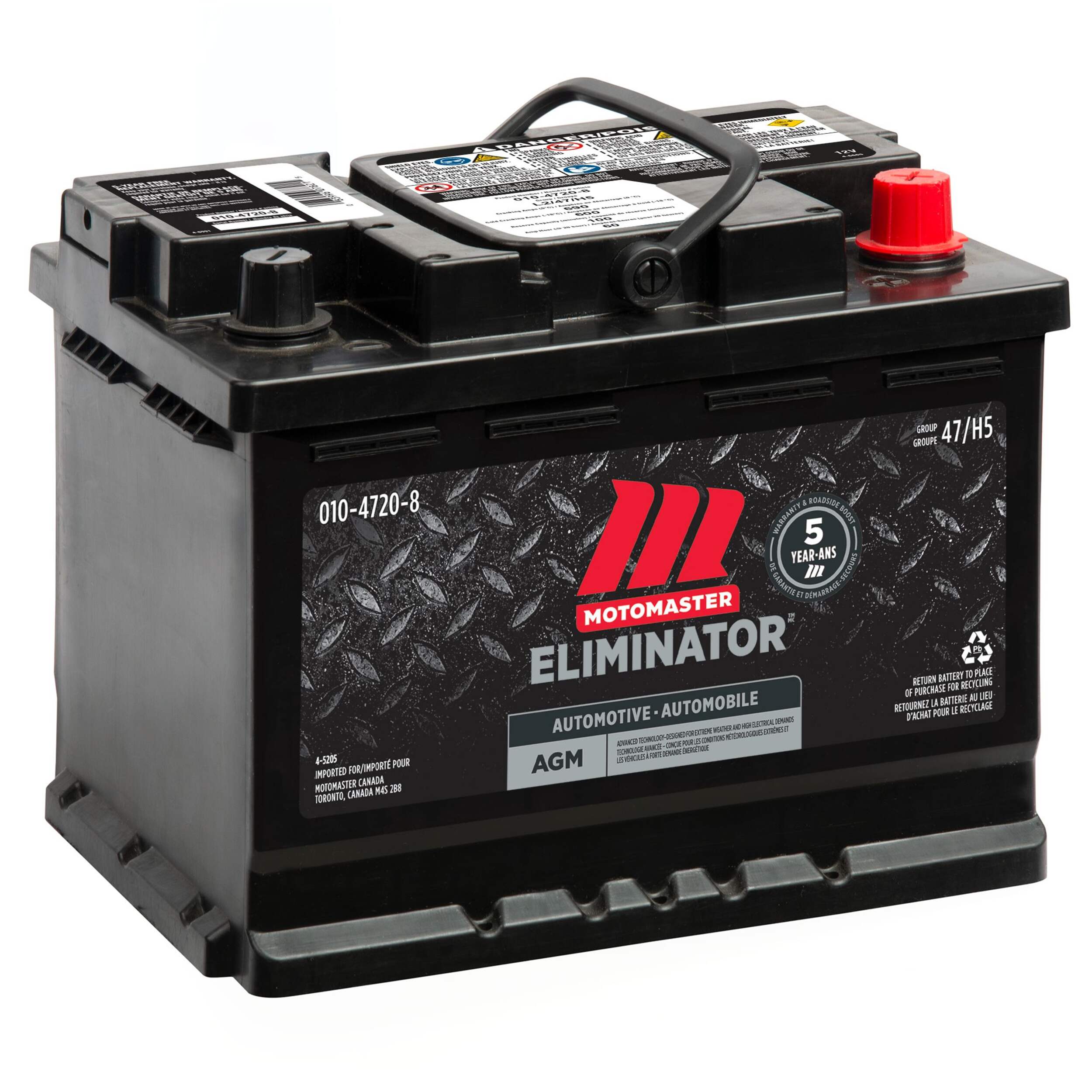 MOTOMASTER ELIMINATOR AGM Group Size 47 (H5/L2) Battery, 600 CCA Front_Angled_Right