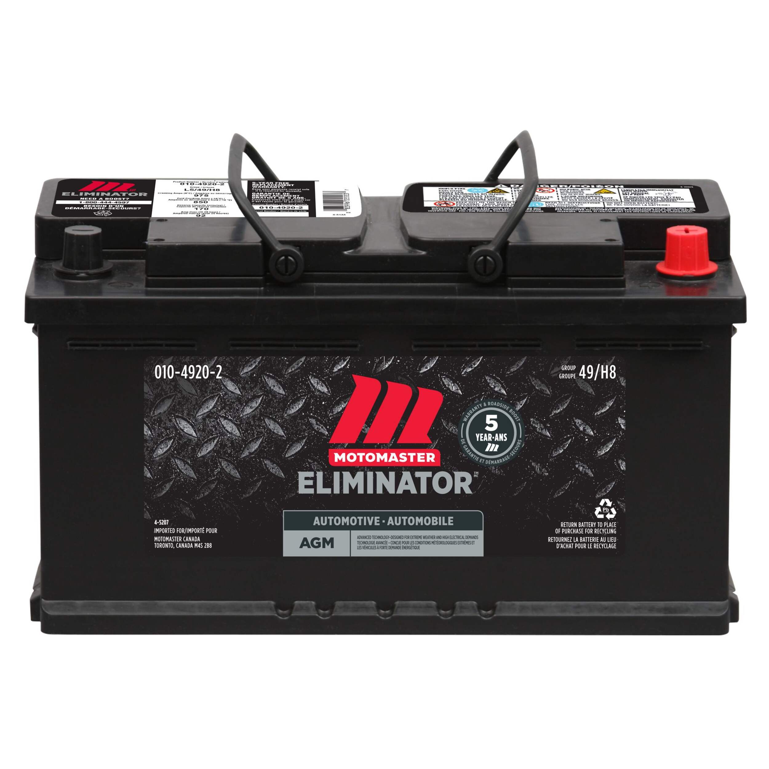 Batterie MotoMaster Eliminator AGM, groupe 49 (H8/L5), 850 ADF Front_Elevated