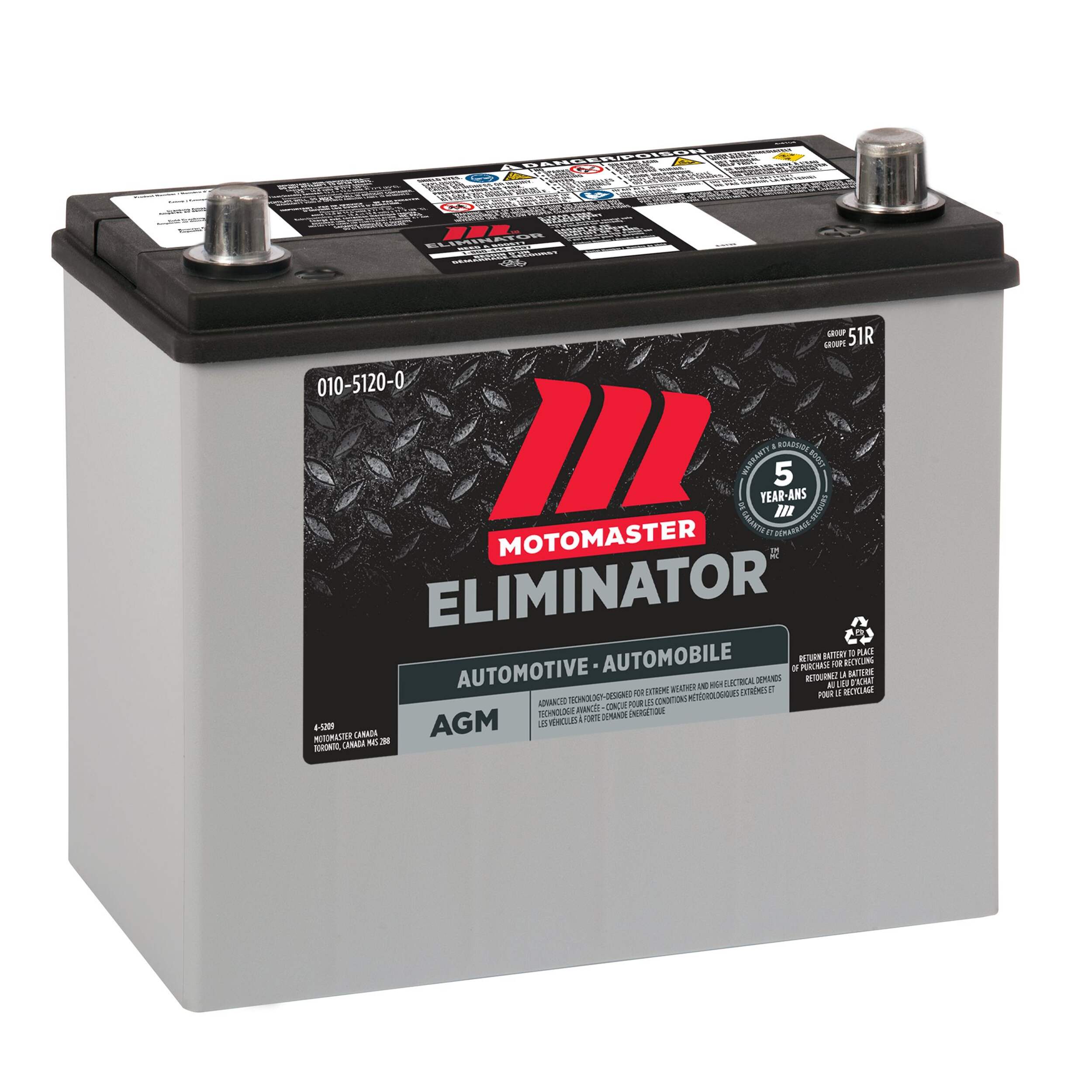 MOTOMASTER ELIMINATOR AGM Group Size 51R Auto Battery, 500 CCA Front_Angled_Right